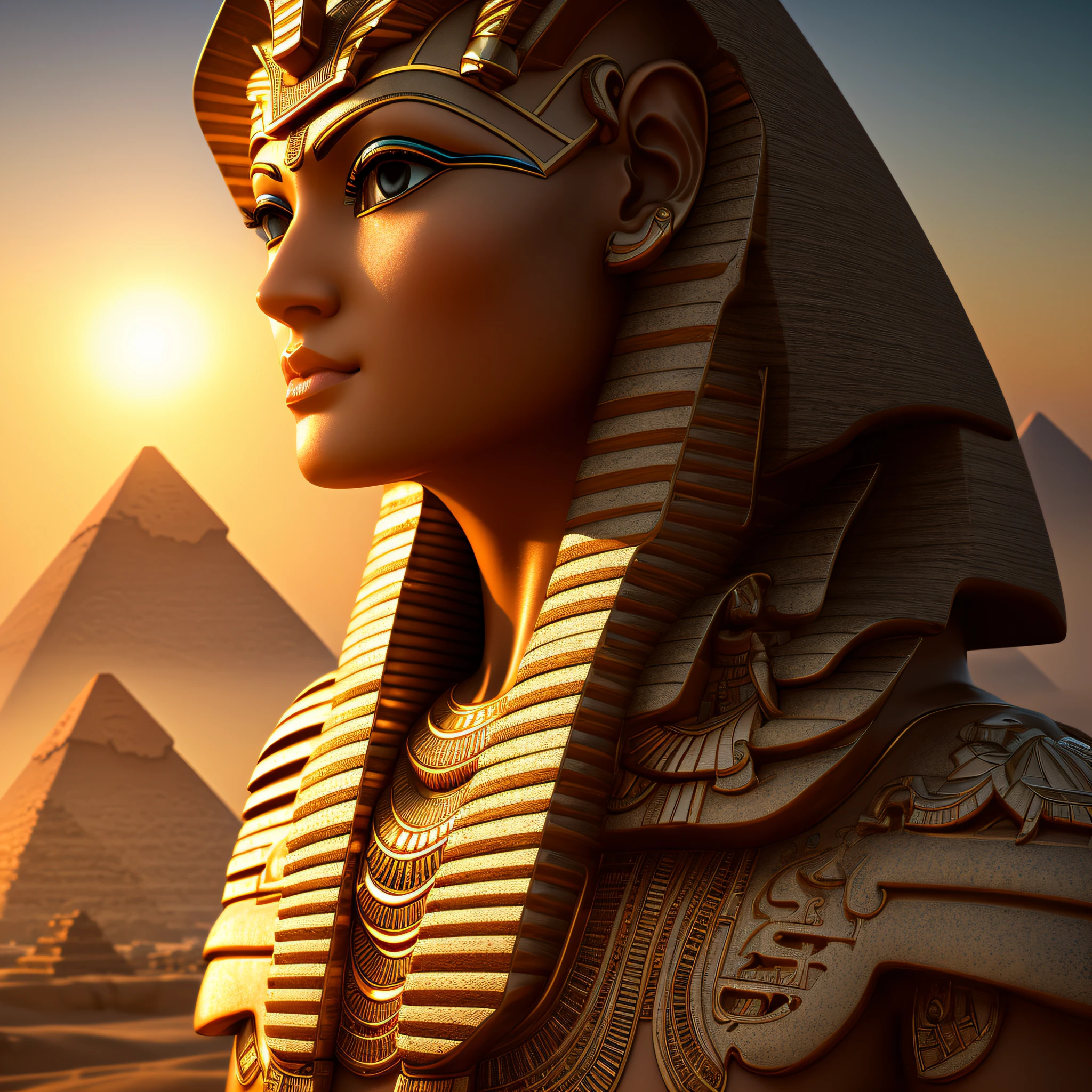 egyptian goddess, natural shape, very detailed, intricately beautiful and powerful face, epic image, pyramids at sunset, natural light, 8k, hdr,