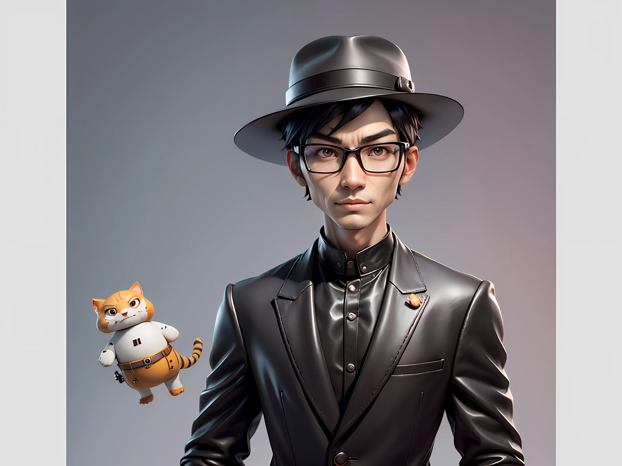 Young man with oriental face in leather hat, tiger, oriental face in formal suit, short black hair, silver glasses, digital painting, 3D character design by Mark Clairedon and Pixar and Hayao Miyazaki and Akira Toriyama, the illustration is a high-definition illustration in 4K resolution with very detailed facial features and cartoon-style visuals.