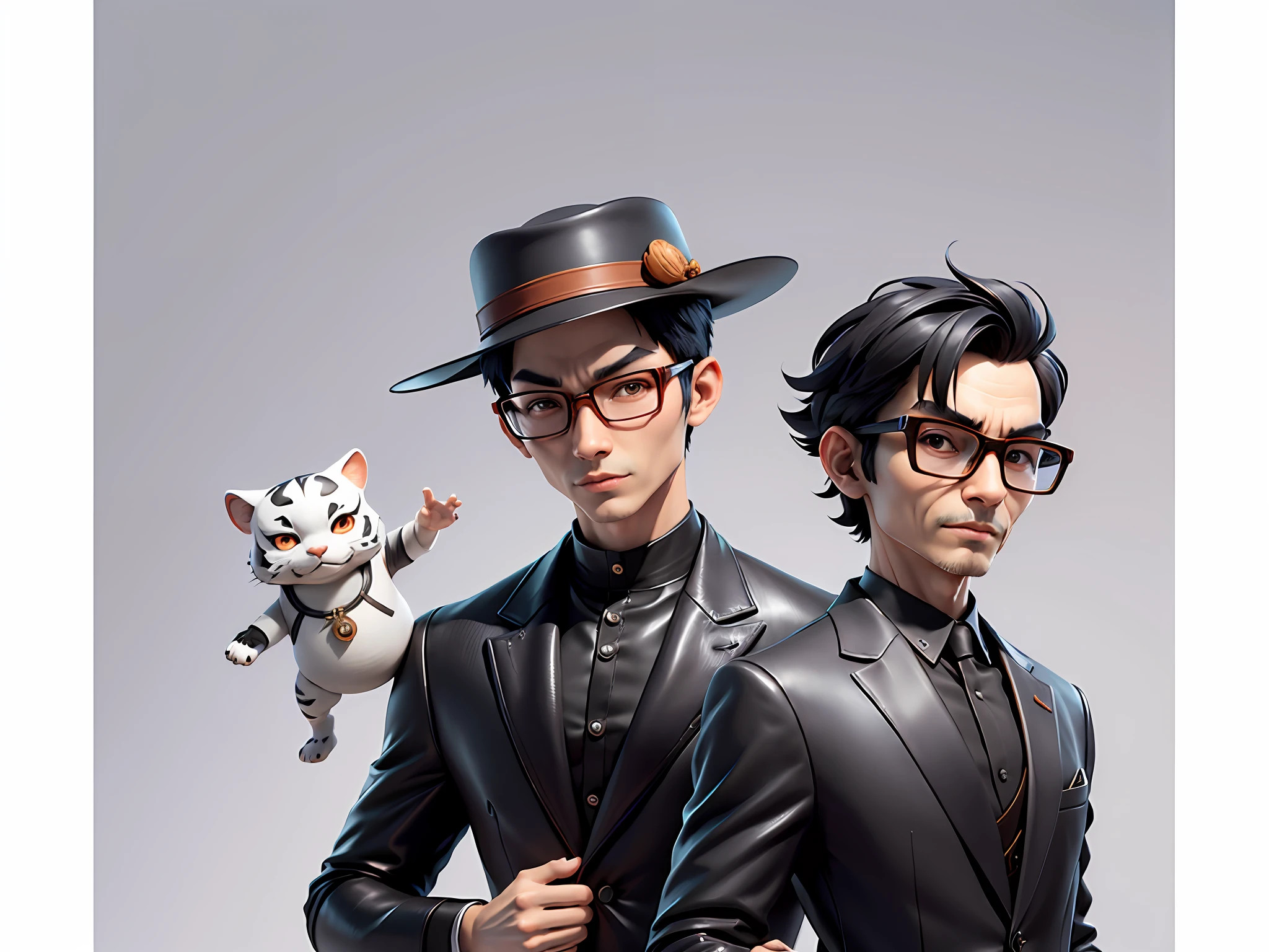 Young man with oriental face in leather hat, tiger, oriental face in formal suit, short black hair, silver glasses, digital painting, 3D character design by Mark Clairedon and Pixar and Hayao Miyazaki and Akira Toriyama, the illustration is a high-definition illustration in 4K resolution with very detailed facial features and cartoon-style visuals.
