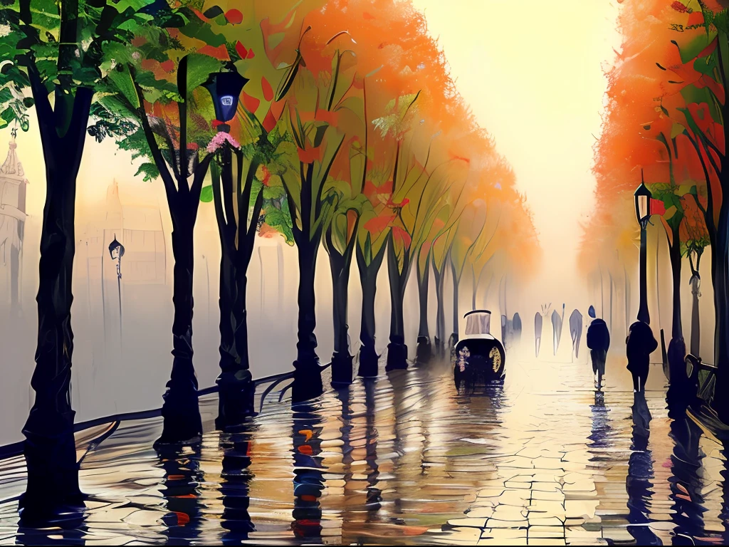 Watercolor painting, Paris, spring time, morning, mist, shade, in the style of Prafull Sawant.