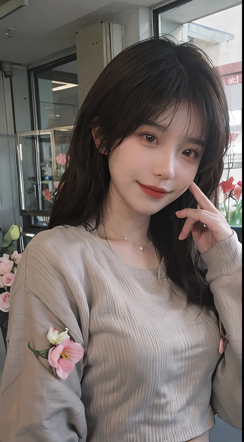 best qualtiy， 超高分辨率， （realisticlying：1.4），cute hairpin，Baoyu Girl，1girll, Beautiful woman with a slim figure:1.4, Abs:1.1, (A brown-haired, mideum breasts:1.3), Cropped pink sweatshirt:1.1, Flower shop,Ultra-fine face，Elaborate Eyes，二重まぶた，ssmile，choker necklace