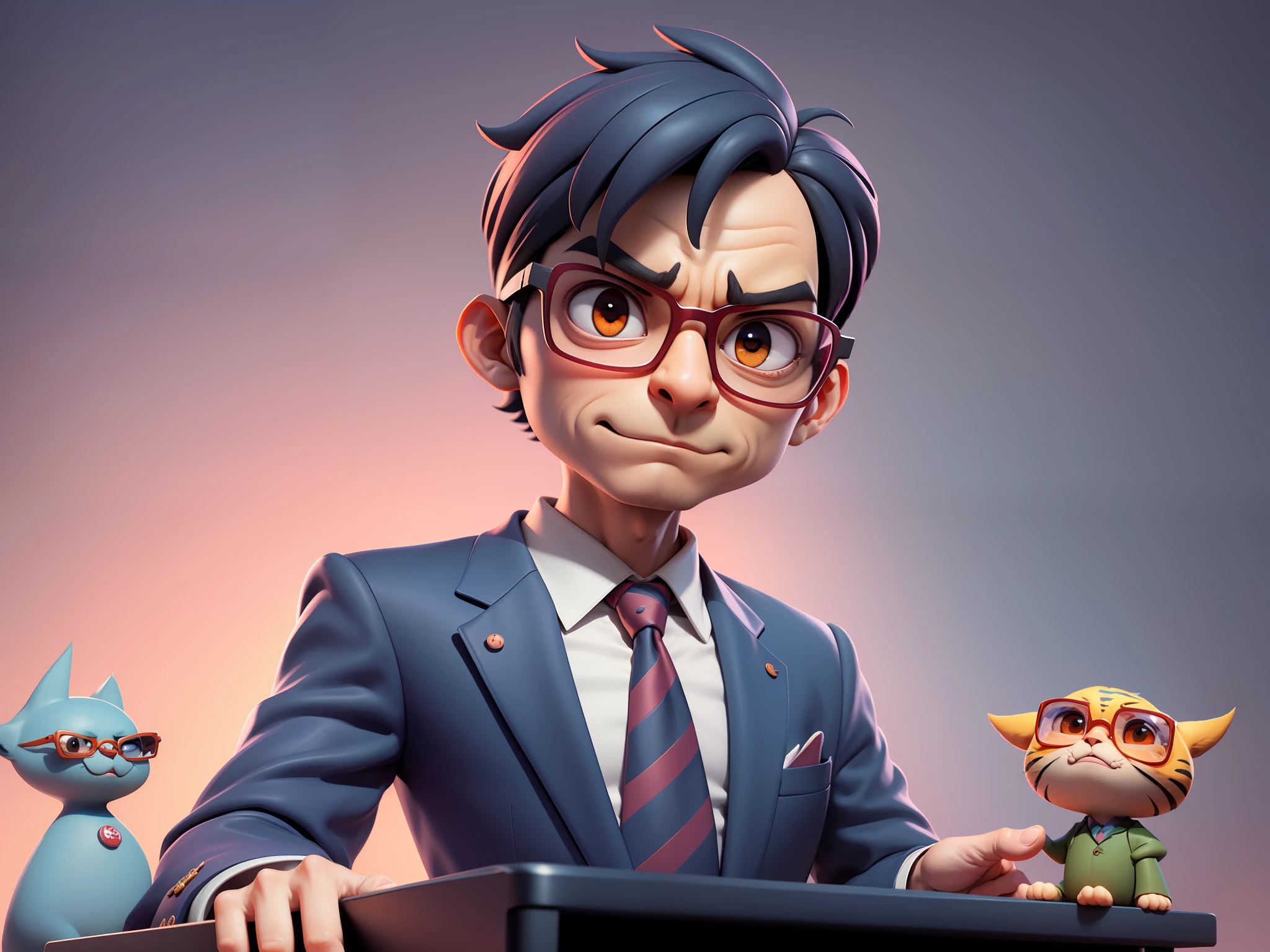 A young man in a suit, Short hair and glasses sat at his desk，holding laptop，digitial painting，tigre，3D character design by Mark Clairen and Pixar and Hayao Miyazaki and Akira Toriyama，4K HD illustration，Very detailed facial features and cartoon-style visuals。