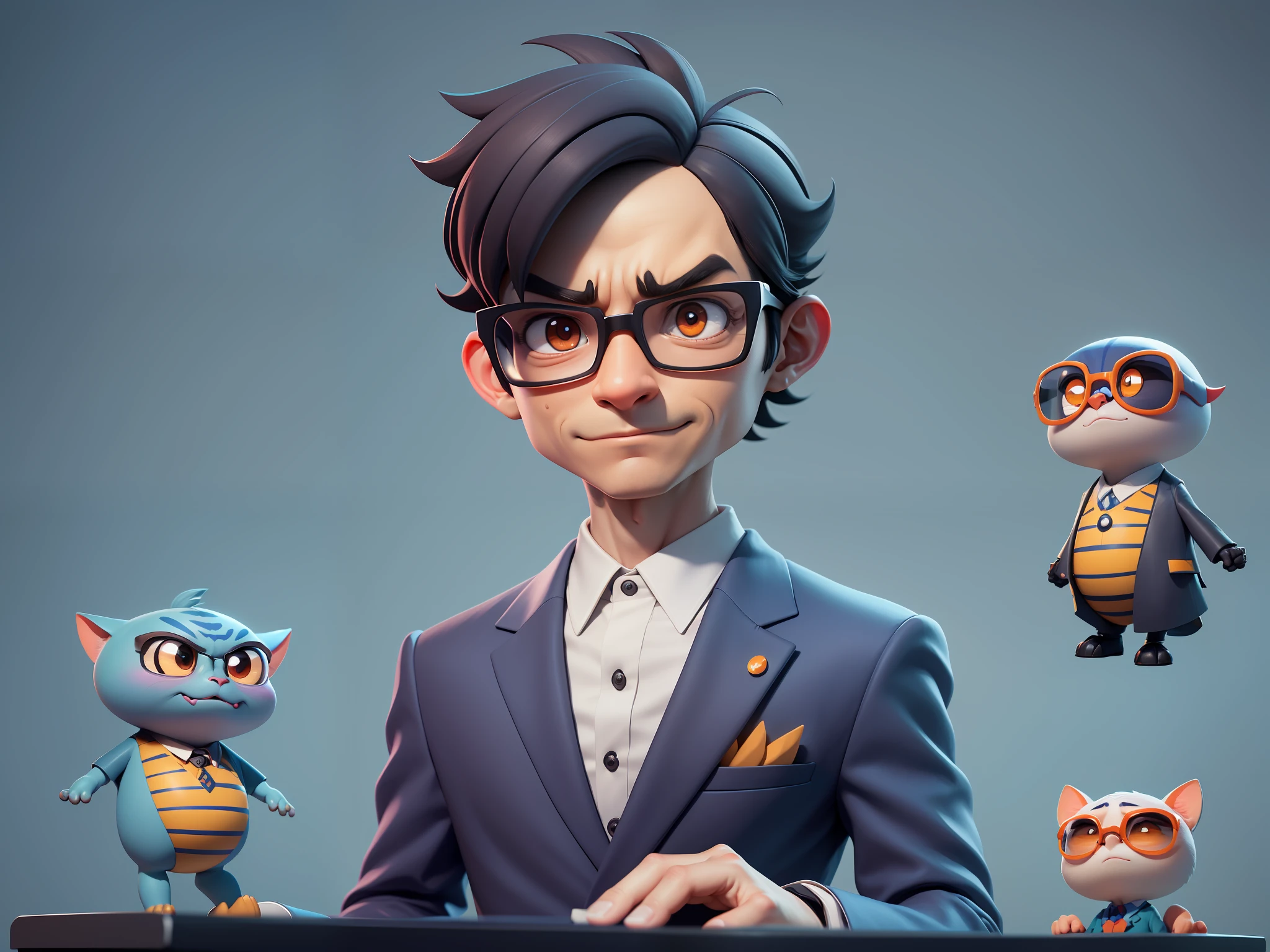 A young man in a suit, Short hair and glasses sat at his desk，holding laptop，digitial painting，tigre，3D character design by Mark Clairen and Pixar and Hayao Miyazaki and Akira Toriyama，4K HD illustration，Very detailed facial features and cartoon-style visuals。