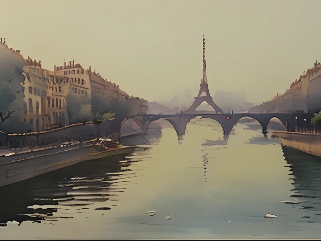 Soft Watercolor painting, Paris, spring time, morning, mist, shade, in the style of Prafull Sawant.