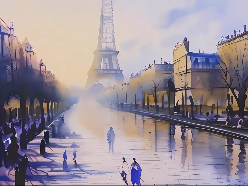 Soft Watercolor painting, Paris, spring time, morning, mist, shade, in the style of Prafull Sawant.
