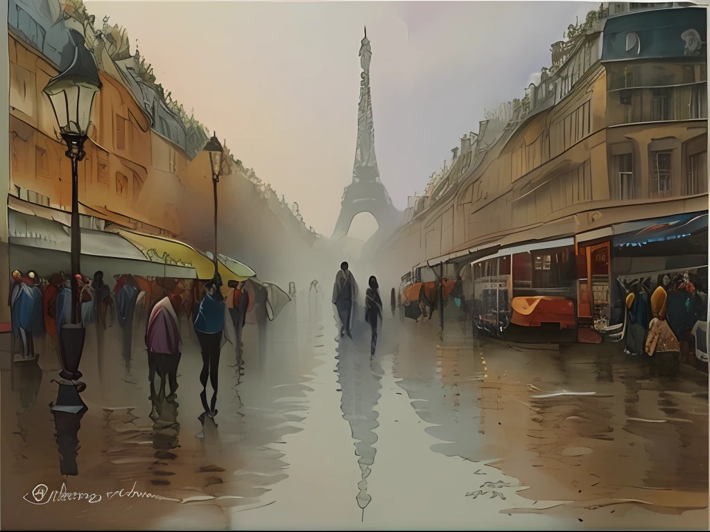 Soft Watercolor painting, Paris, spring time, morning, mist, shade, in the style of Prafull Sawant.