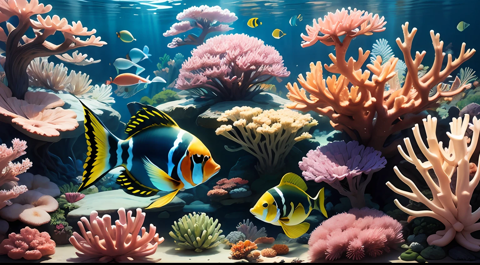 Colorful coral reef garden framing angelfish in intricate detail or Japanese pygmy angelfish