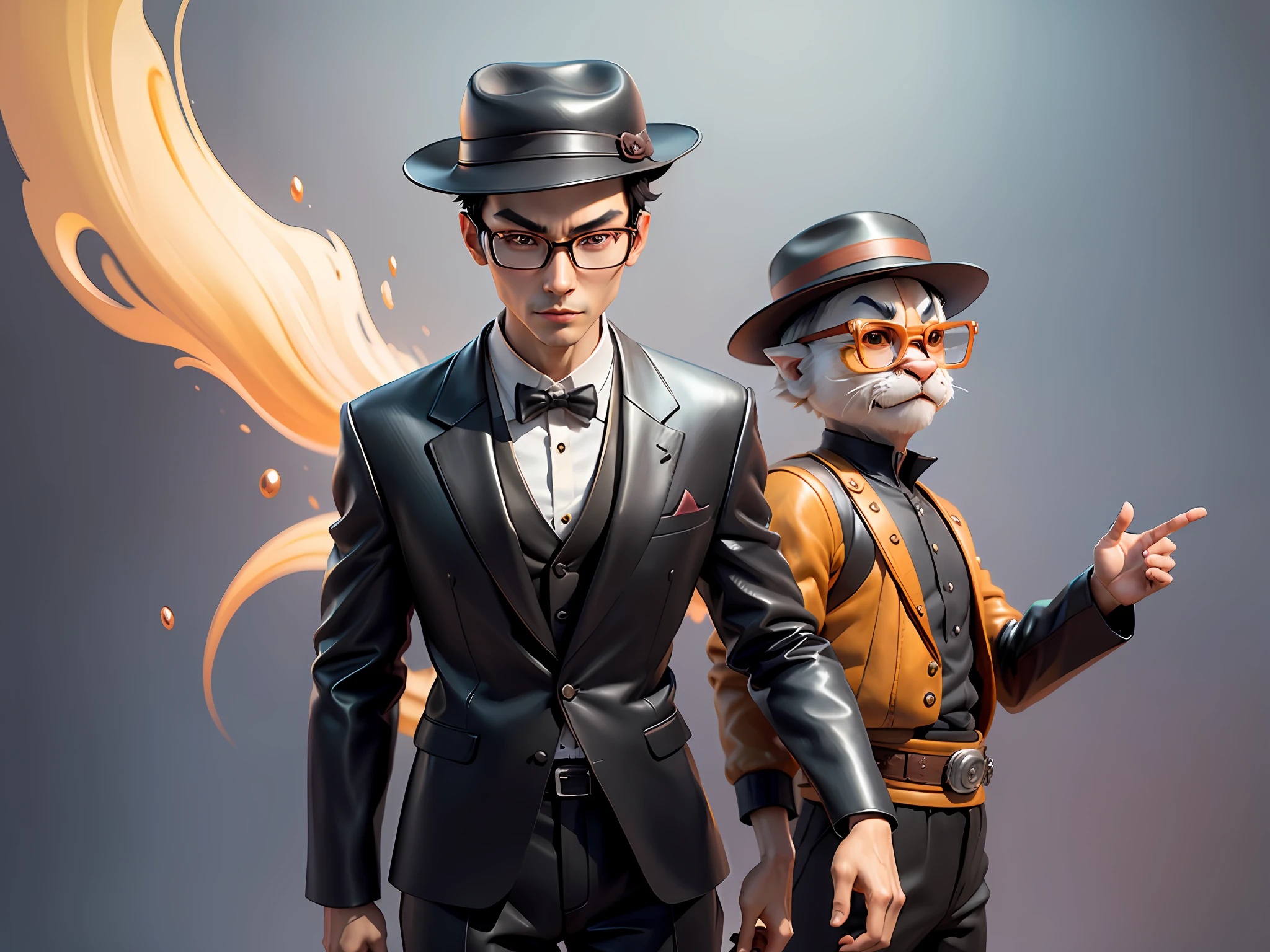 Young man with oriental face in leather hat, tiger, oriental face in formal suit, short black hair, silver glasses, digital painting, 3D character design by Mark Clairedon and Pixar and Hayao Miyazaki and Akira Toriyama, the illustration is a high-definition illustration in 4K resolution with very detailed facial features and cartoon-style visuals.
