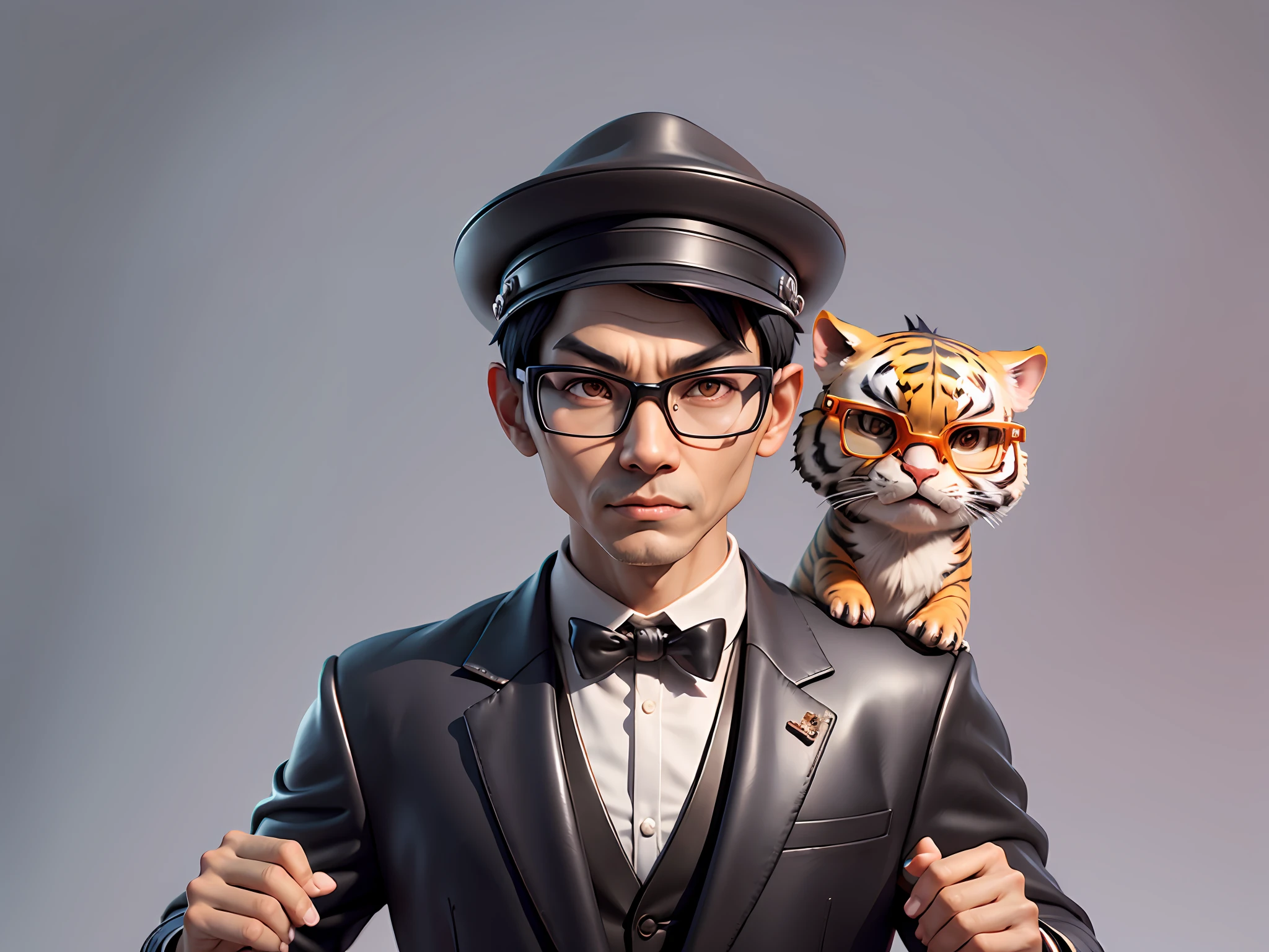 Young man with oriental face in leather hat, tiger, oriental face in formal suit, short black hair, silver glasses, digital painting, 3D character design by Mark Clairedon and Pixar and Hayao Miyazaki and Akira Toriyama, the illustration is a high-definition illustration in 4K resolution with very detailed facial features and cartoon-style visuals.
