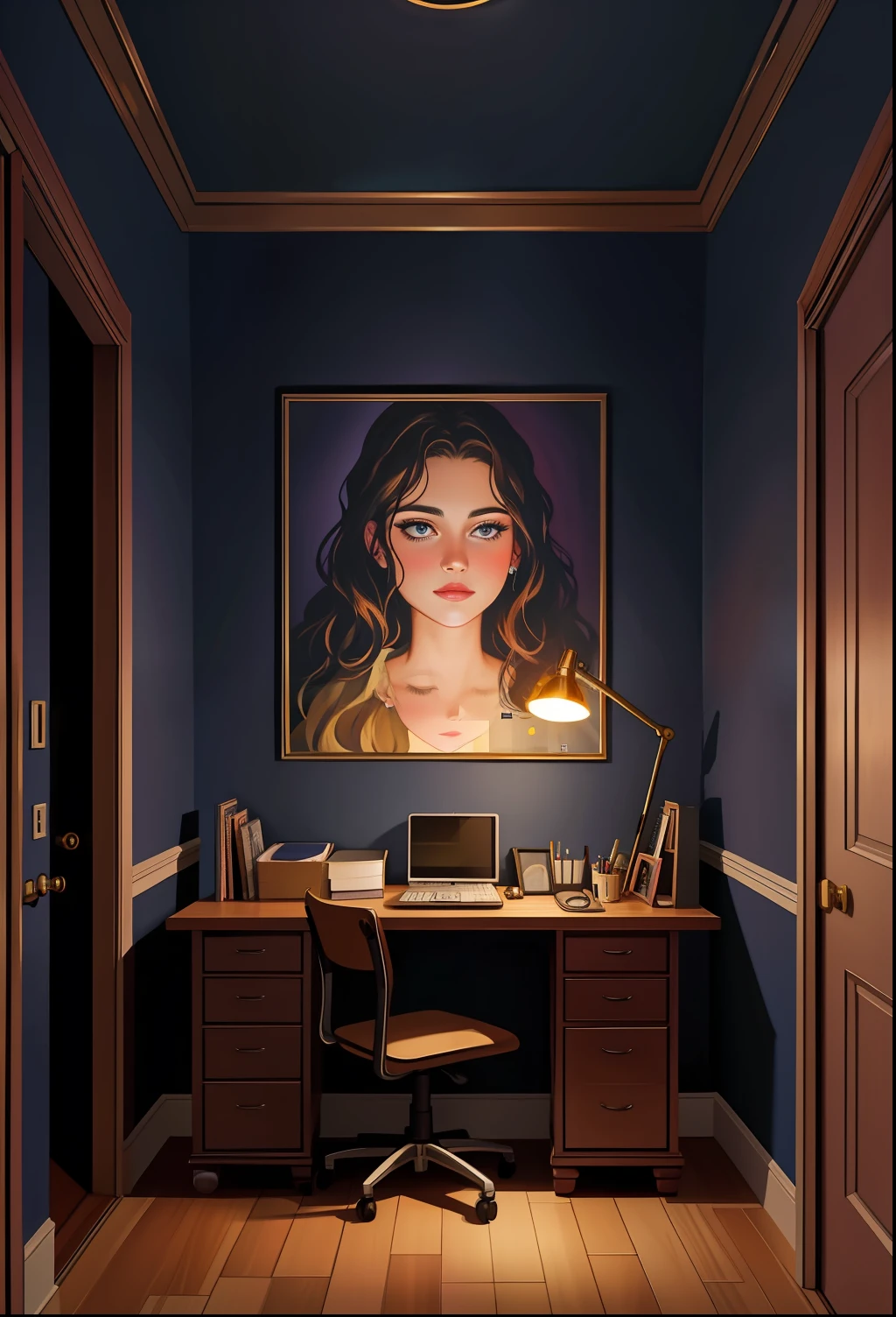 Dark home office at night with a beautiful painting on the wall.