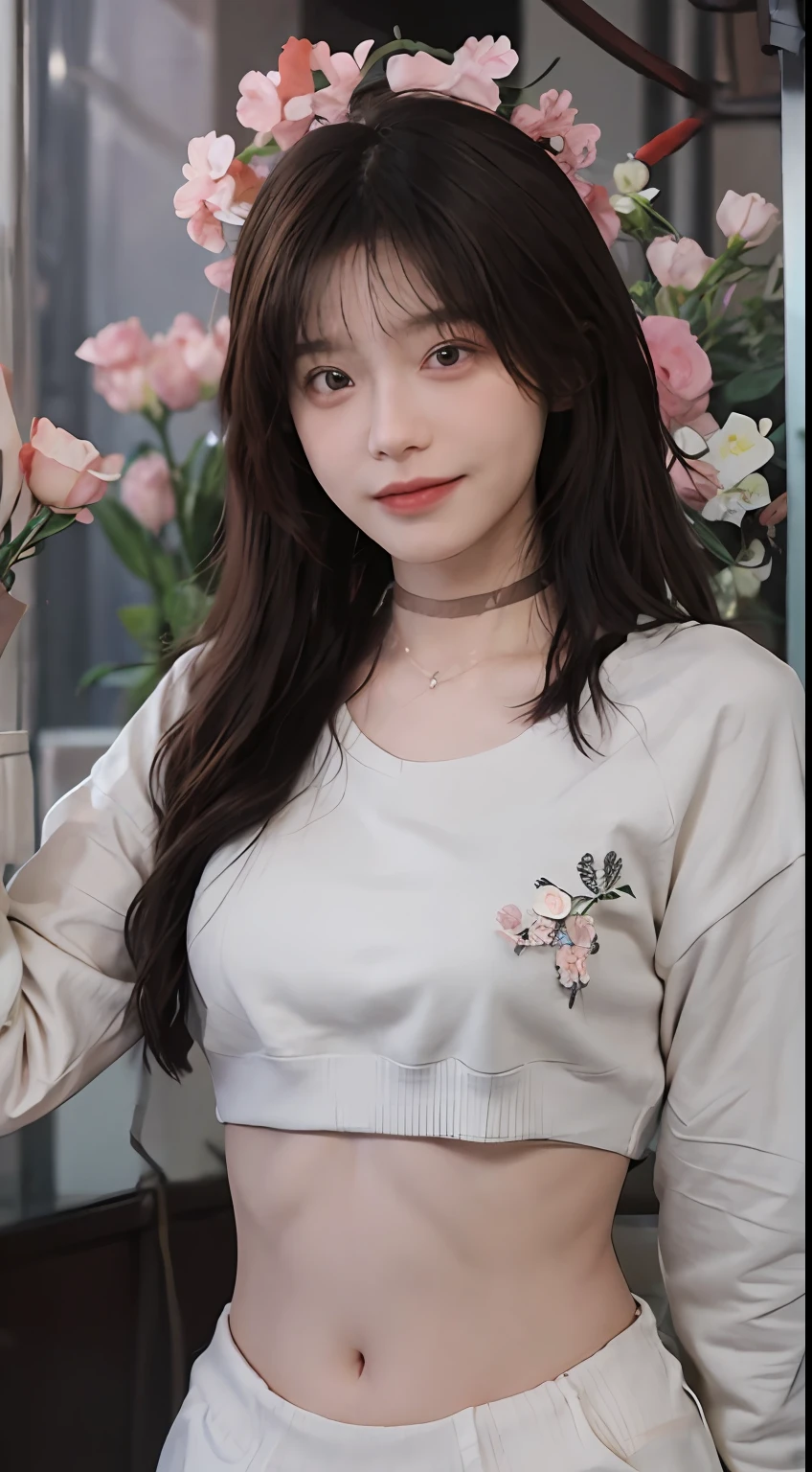 best qualtiy, 超高分辨率, (realisticlying:1.4),cute hairpin,Baoyu Girl,1girll, Beautiful woman with a slim figure:1.4, Abs:1.1, (A brown-haired, mideum breasts:1.3), Cropped pink sweatshirt:1.1, Flower shop,Ultra-fine face,Elaborate Eyes,二重まぶた,ssmile,choker necklace
