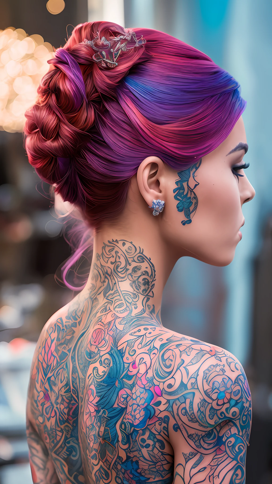 (style of richard deacon), formal wear android,1girl,a beautiful girl in a colourful dress with colourful intricate tattoos surrounded by colourful patterns,(Luminous burning hair:1.2), realistic fantasy, extremely detailed and beautiful , 8 k resolution,