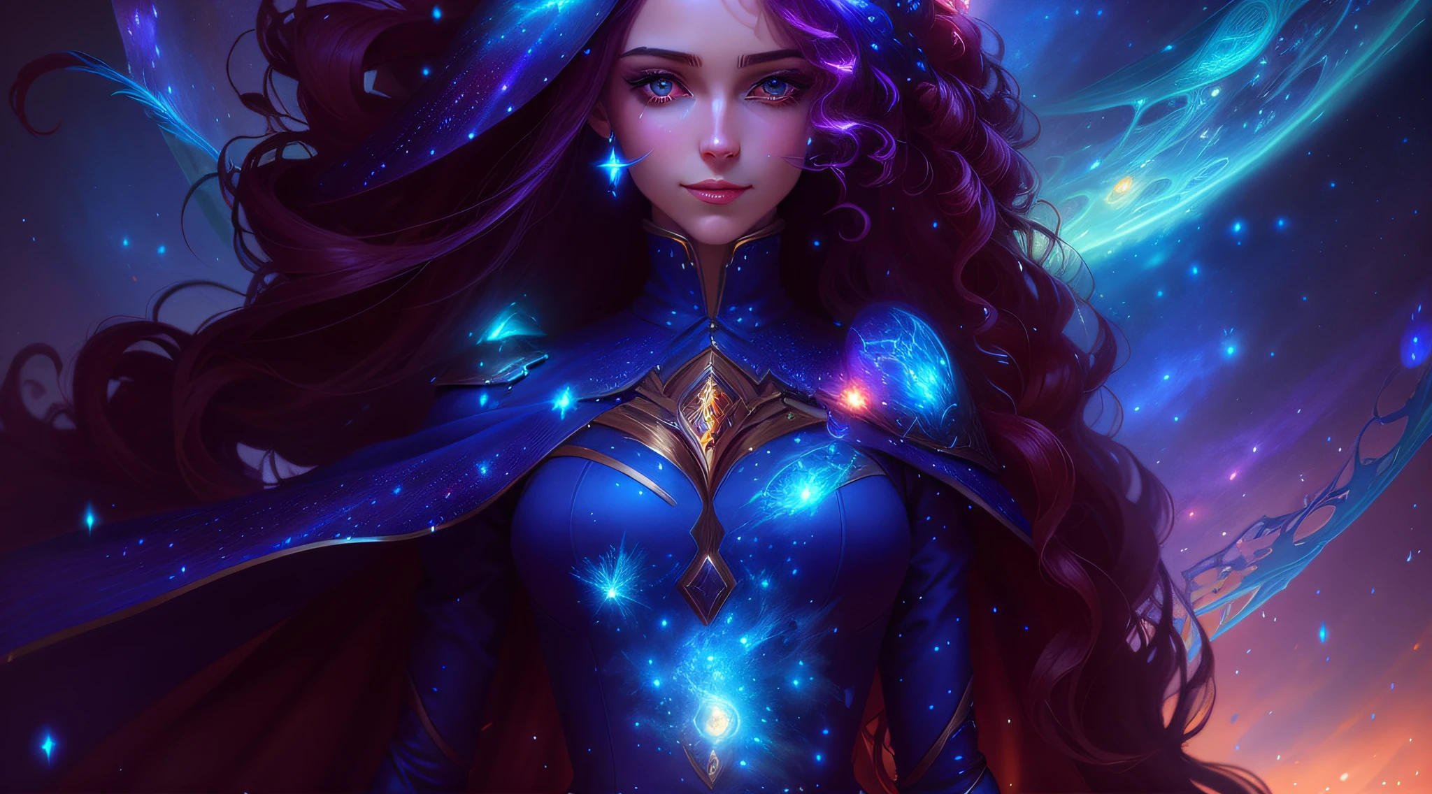 mulher branca, sorriso discreto, olhos alaranjados, olhar penetrante, with straight hair and a blue dress in front of a galaxy, Epic Fantasy Digital Art Style, Epic fantasy art style, estilo de arte de fantasia, arte de estilo fantasia escura, epic fantasy art portrait, Jen Bartel, arte fantasia behance, epic fantasy art, 8k arte impressionante, Charlie Bowater Cores Profundas Ricas, arte digital de fantasia detalhada