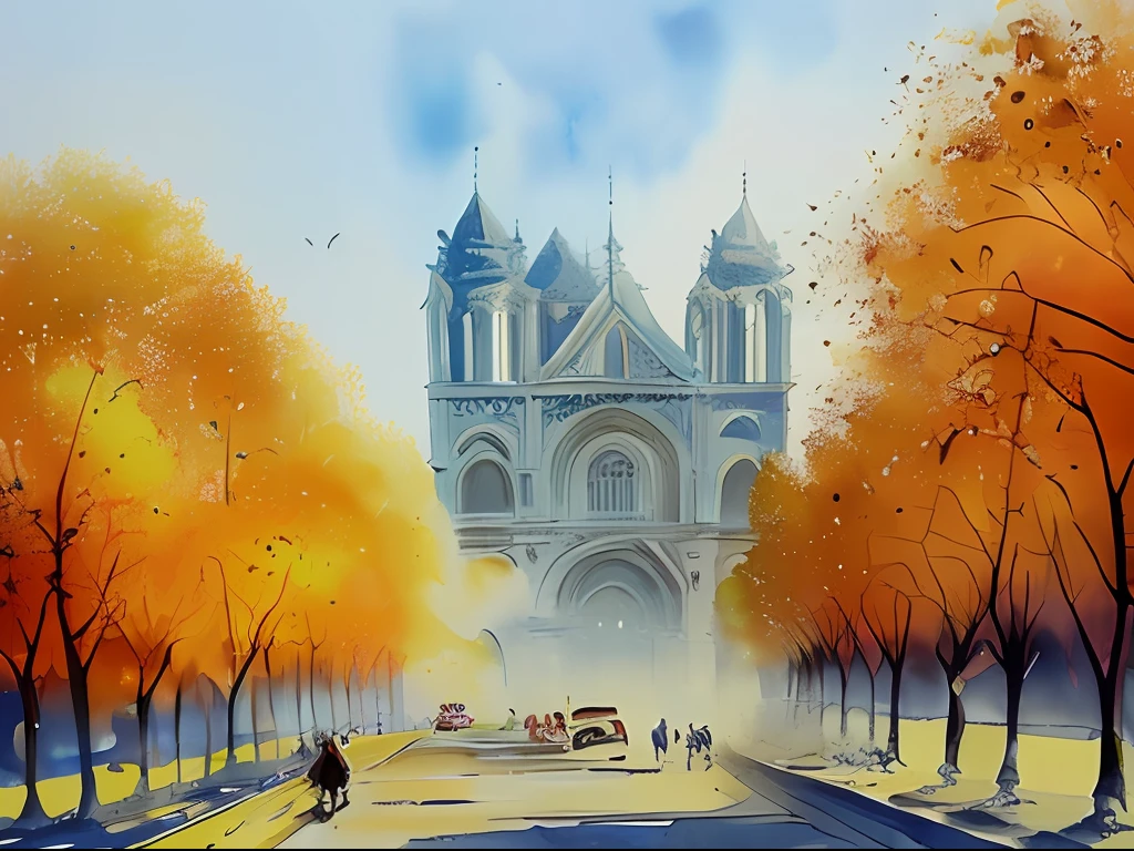 Soft Watercolor painting, Paris, spring time, morning, mist, shade, in the style of Prafull Sawant.