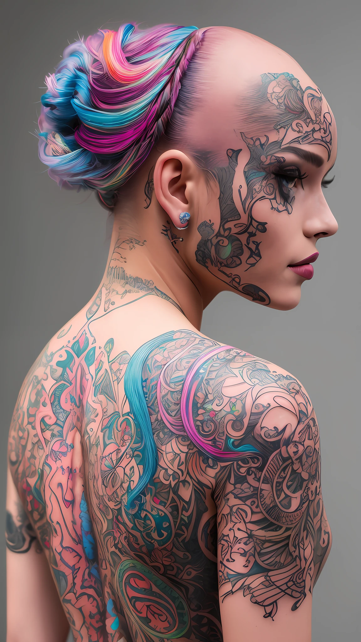 (style of richard deacon), formal wear  android,1girl,a  beautiful girl in a colourful dress with colourful intricate tattoos surrounded by colourful patterns,(Luminous burning hair:1.2),  realistic fantasy, extremely detailed and beautiful , 8 k resolution,