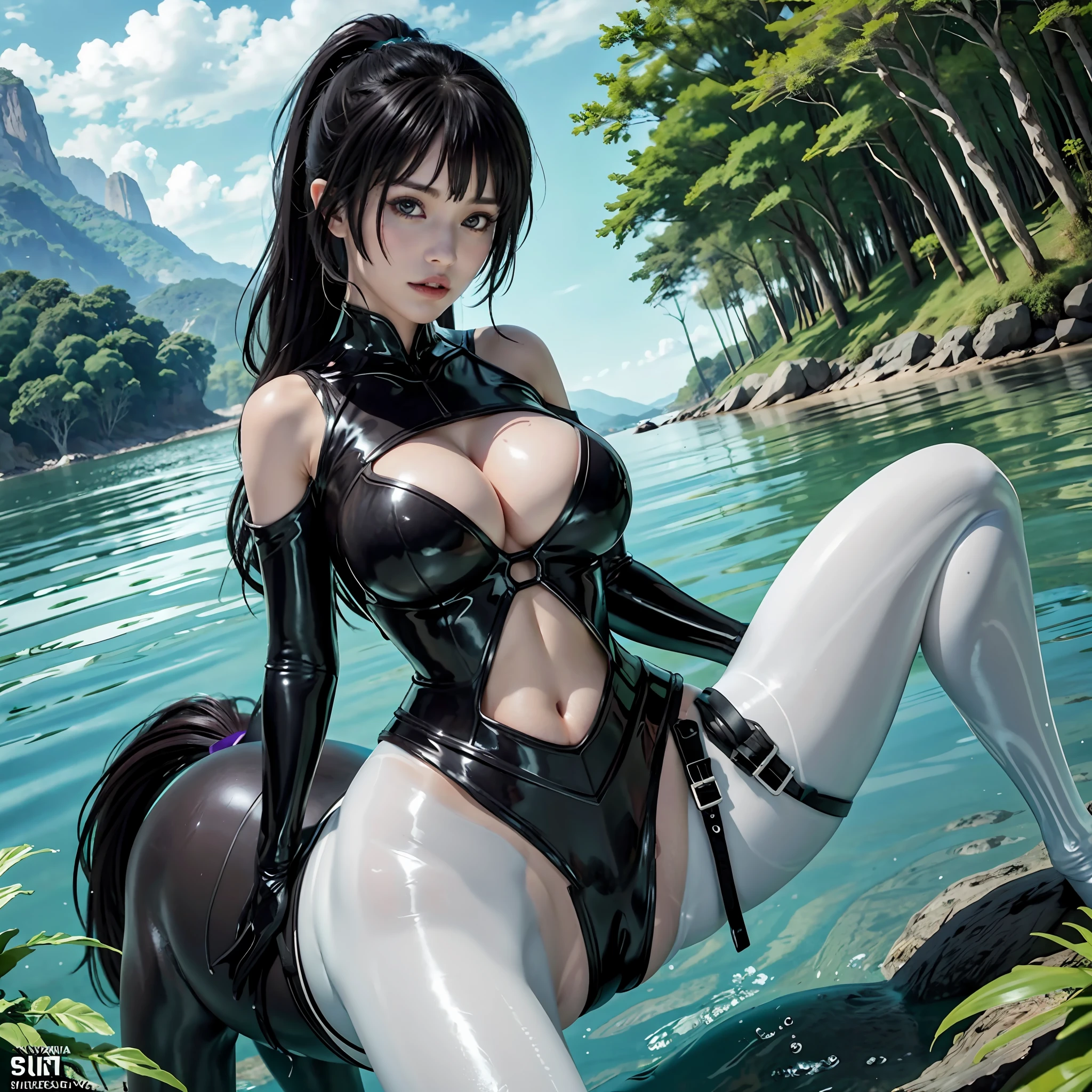 obra maestra, 8k, extremadamente detallado, mejor definicion, quorra centaur, vista desde el frente, (gigantic breasts:1.2), hombros desnudos, ponytail, extreme long hair, cabello multicolor entre negro y morado, damp skin, con las piernas en el agua en rio cristalino transparente, ropa transparente