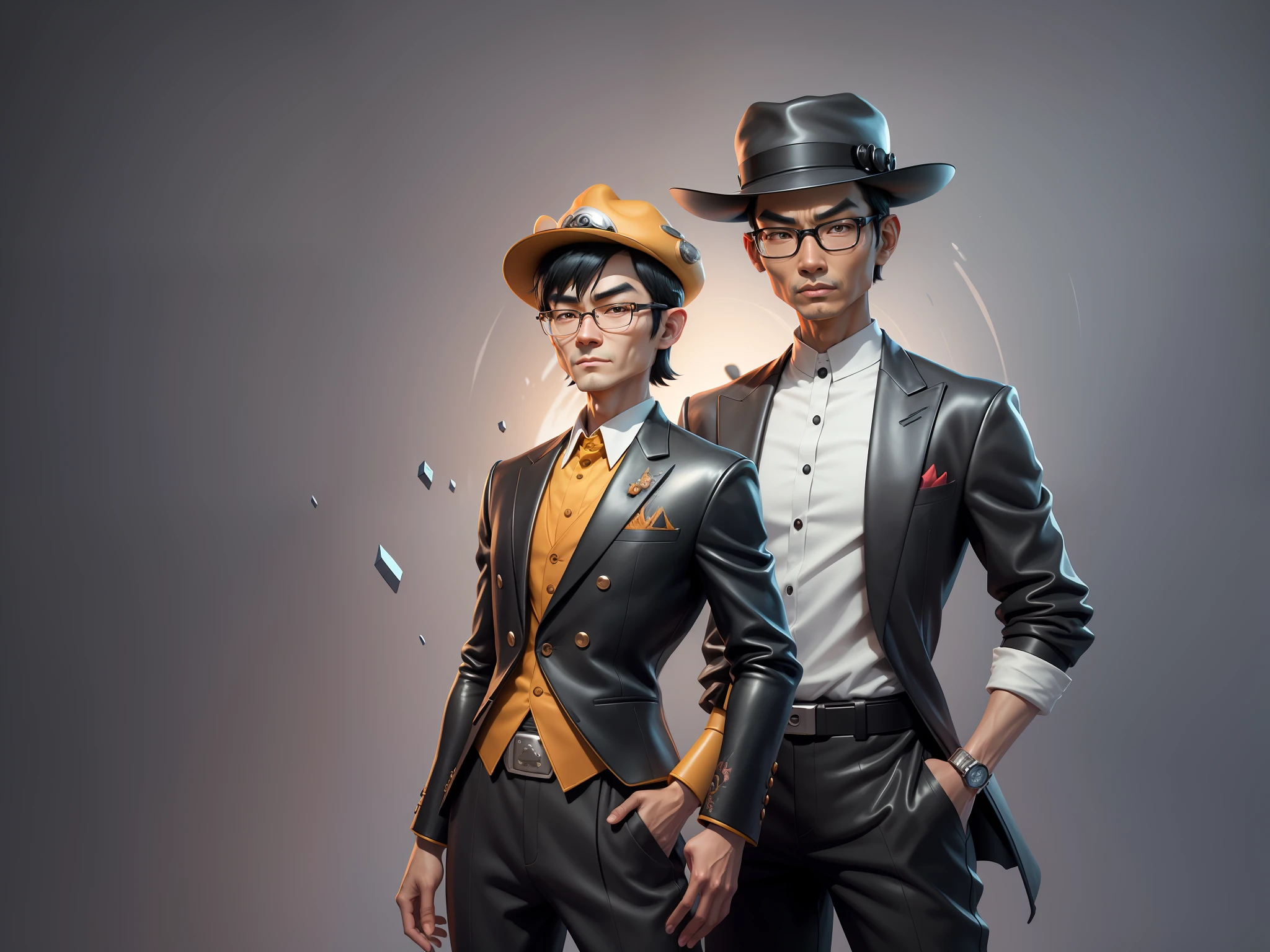 Young man with oriental face in leather hat, tiger, oriental face in formal suit, short black hair, silver glasses, digital painting, 3D character design by Mark Clairedon and Pixar and Hayao Miyazaki and Akira Toriyama, the illustration is a high-definition illustration in 4K resolution with very detailed facial features and cartoon-style visuals.