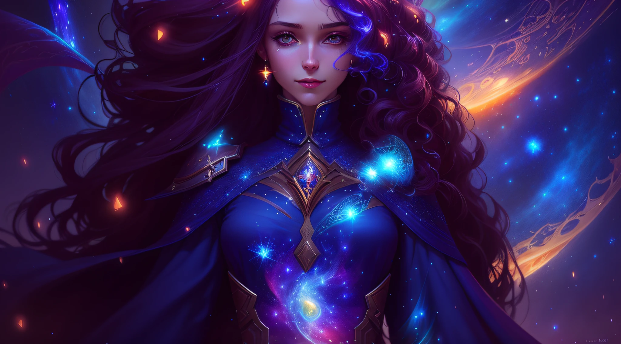 mulher branca, sorriso discreto, olhos alaranjados, olhar penetrante, with straight hair and a blue dress in front of a galaxy, Epic Fantasy Digital Art Style, Epic fantasy art style, estilo de arte de fantasia, arte de estilo fantasia escura, epic fantasy art portrait, Jen Bartel, arte fantasia behance, epic fantasy art, 8k arte impressionante, Charlie Bowater Cores Profundas Ricas, arte digital de fantasia detalhada