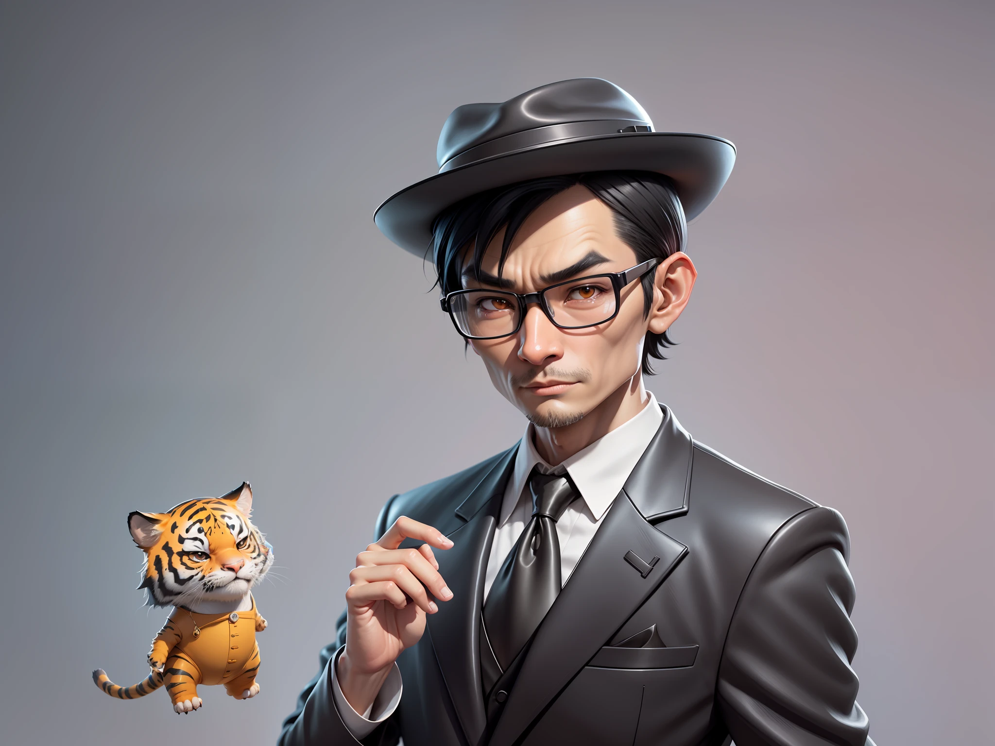 Young man with oriental face in leather hat, tiger, oriental face in formal suit, short black hair, silver glasses, digital painting, 3D character design by Mark Clairedon and Pixar and Hayao Miyazaki and Akira Toriyama, the illustration is a high-definition illustration in 4K resolution with very detailed facial features and cartoon-style visuals.