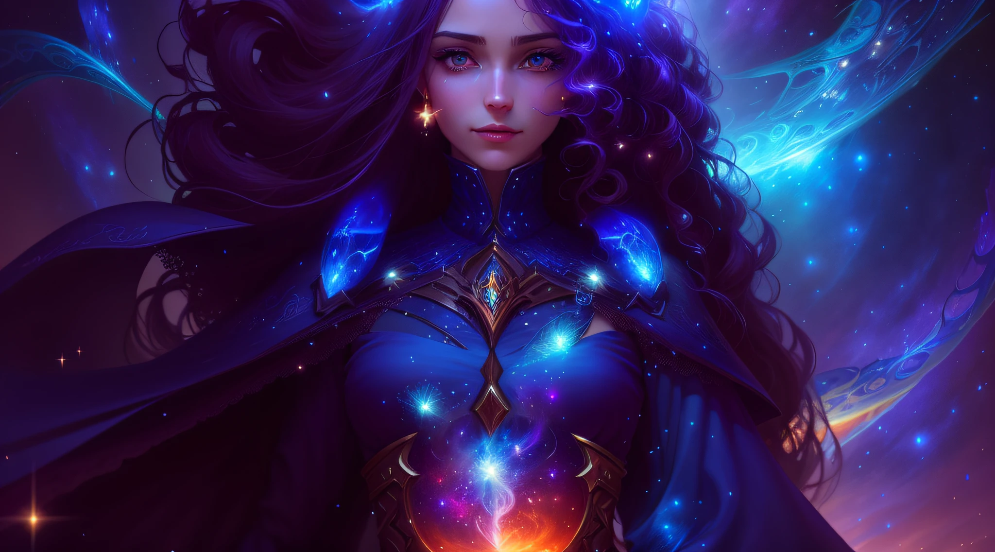 mulher branca, sorriso discreto, olhos alaranjados, olhar penetrante, with straight hair and a blue dress in front of a galaxy, Epic Fantasy Digital Art Style, Epic fantasy art style, estilo de arte de fantasia, arte de estilo fantasia escura, epic fantasy art portrait, Jen Bartel, arte fantasia behance, epic fantasy art, 8k arte impressionante, Charlie Bowater Cores Profundas Ricas, arte digital de fantasia detalhada