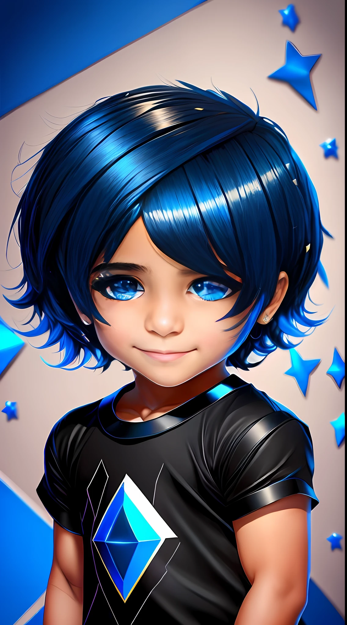Uma menino feliz ,cabelo preto,umolho azul e o outro diamante,em anime estilo.
