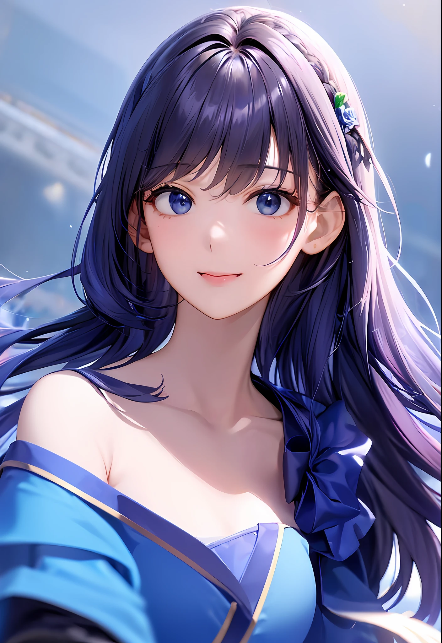 (8K、top-quality、​masterpiece:1.2)、(realisitic、Photorealsitic:1.37)、ultra-detailliert、女の子 1 人、cute little、独奏、mid night、Beautiful detailed sky、Detailed Cafe、sitting on、date、(Nasal blush)、 (Smile:1.15)、(Keep your mouth shut)small tits、Beautiful fine eyes、Floating Hair NovaFrogStyle、Dress with open back、Blue Rose Accessories、Blue roses background、Pink dress