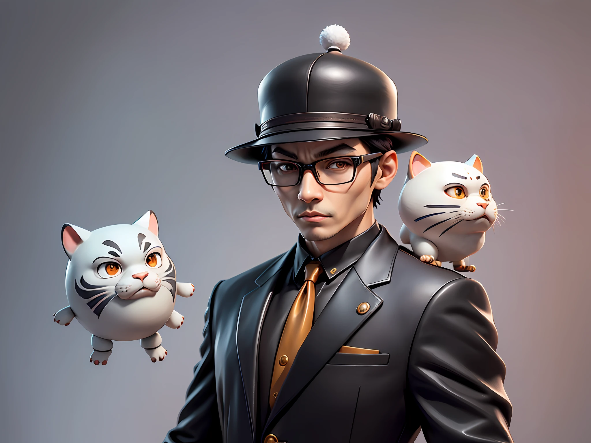 Young man with oriental face in leather hat, tiger, oriental face in formal suit, short black hair, silver glasses, digital painting, 3D character design by Mark Clairedon and Pixar and Hayao Miyazaki and Akira Toriyama, the illustration is a high-definition illustration in 4K resolution with very detailed facial features and cartoon-style visuals.