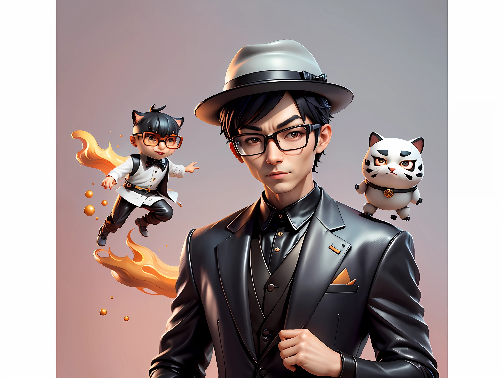 Young man with oriental face in leather hat, tiger, oriental face in formal suit, short black hair, silver glasses, digital painting, 3D character design by Mark Clairedon and Pixar and Hayao Miyazaki and Akira Toriyama, the illustration is a high-definition illustration in 4K resolution with very detailed facial features and cartoon-style visuals.