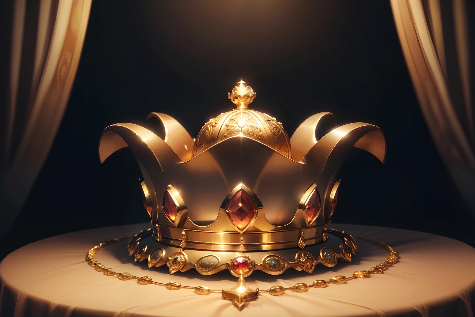 A close up shot of a king’s crown on a table of gold. The crown is made of pure gold and studded with diamonds, rubies, emeralds, and sapphires. It has a classic design with four arches and a cross on top. The table is also made of gold and has intricate carvings and patterns on its surface. The table is covered with gold coins, bars, and jewels that reflect the light and create a dazzling effect. The camera is a Nikon D850 with an EE 70mm lens. The resolution is 8K and the detail is hyperrealistic. The image is taken in a dimly lit room with a spotlight on the crown and the table. The background is dark and blurry to emphasize the contrast and focus on the main subject.