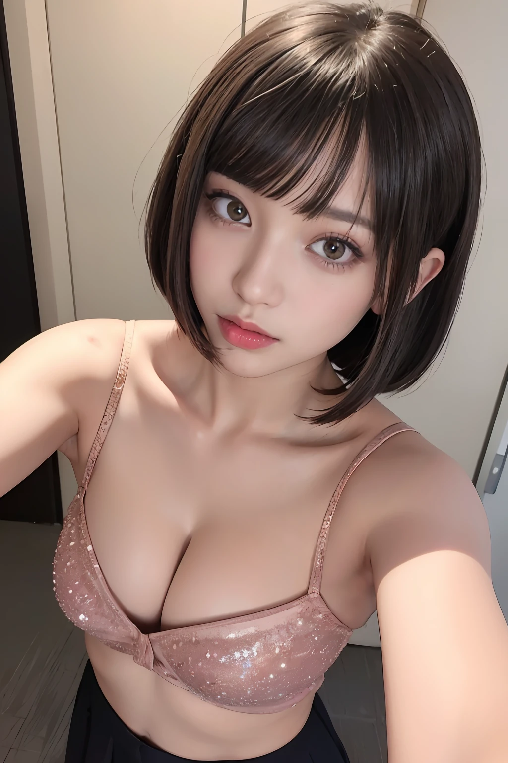 {{selfee、selphie、Selfie wind、Stretch your arms forward}}、NSFW、(Off-Shoulder Tops、Show me your cleavage、Big、Thin eyebrows、False eyelashes、cosmetic、Eyeshadow with glitter、Peach-colored cheeks、Brown hair、Chocolate eyes、Pink lip、bowl cut、afro、Cover both eyes with bangs、Medium Hair、natta、darkened room)、Niyashi、Opening Mouth、Curvaceous、Bust-up shot、The upper part of the body、high-angle shot、close up、Front view、1girl in、top-quality、Very high resolution、Awesome、Beautiful fece、(masterpiece)、Raw photo、Real person、Photorealsitic、a portrait photo of、Fine-grained skin、20yr old、shinny skin、Delicate skin、Detailed face、Amazing face、Japan idol、cute little、A slender