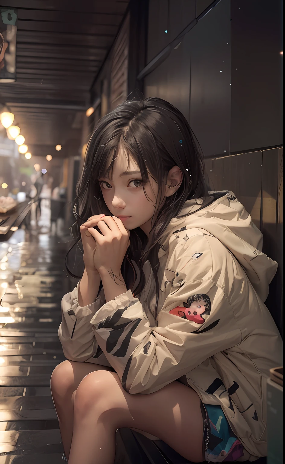 Girls eat at home,Girl shy to eat real life anime girl, Portrait of a meal, black haired girl wearing hoodie, Guviz-style artwork, Attractive girl, girl wearing hoodie