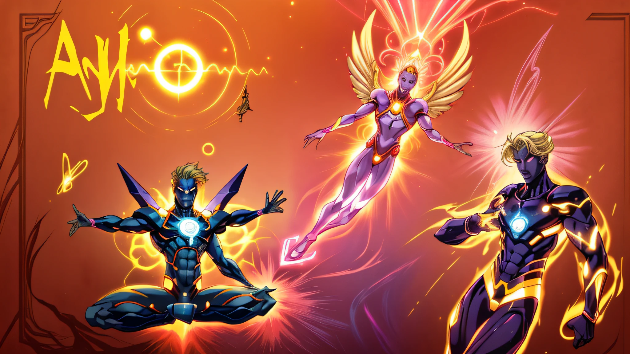 There are three different images of men with different poses, A man with 6 arms and blonde hair and pink eyes, sem roupa e musculoso sarado, some cosmic angels, energetic beings patrolling, inspirado em Hiromu Arakawa, arte de fundo, Energy Dynamic Pose, Power of the Auras, Potencializando a Aura, an epic anime of a energy man, energia do toro, seres solares, Transhumanist Dance, inspired by Mœbius, 8k, Ultra realista