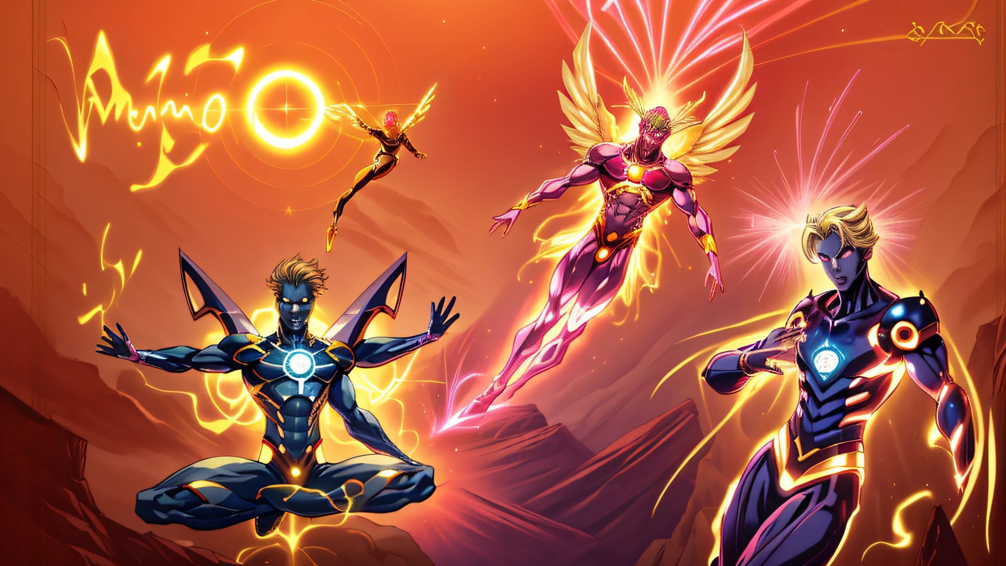 There are three different images of men with different poses, A man with 6 arms and blonde hair and pink eyes, sem roupa e musculoso sarado, some cosmic angels, energetic beings patrolling, inspirado em Hiromu Arakawa, arte de fundo, Energy Dynamic Pose, Power of the Auras, Potencializando a Aura, an epic anime of a energy man, energia do toro, seres solares, Transhumanist Dance, inspired by Mœbius, 8k, Ultra realista