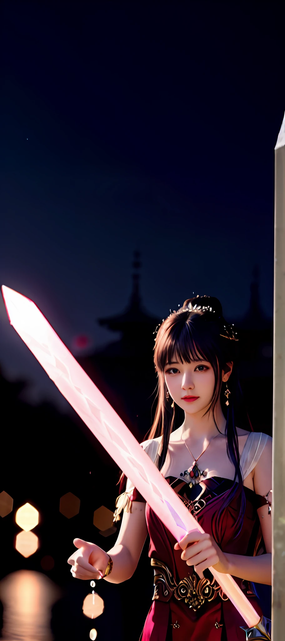 realisticity: 1.2), best quality, masterpiece, highres, super detail, ultra detail, cg, 1girl, weapon, sword, long hair, dress, water, solo, jewelry, red dress, earrings, hair ornament, splashing, upper body super realistis, hair bun, blue and pink hair, city backgraun realistis, lighting,candid, Photograph, high resolution, 8k, 10k, Bokeh,