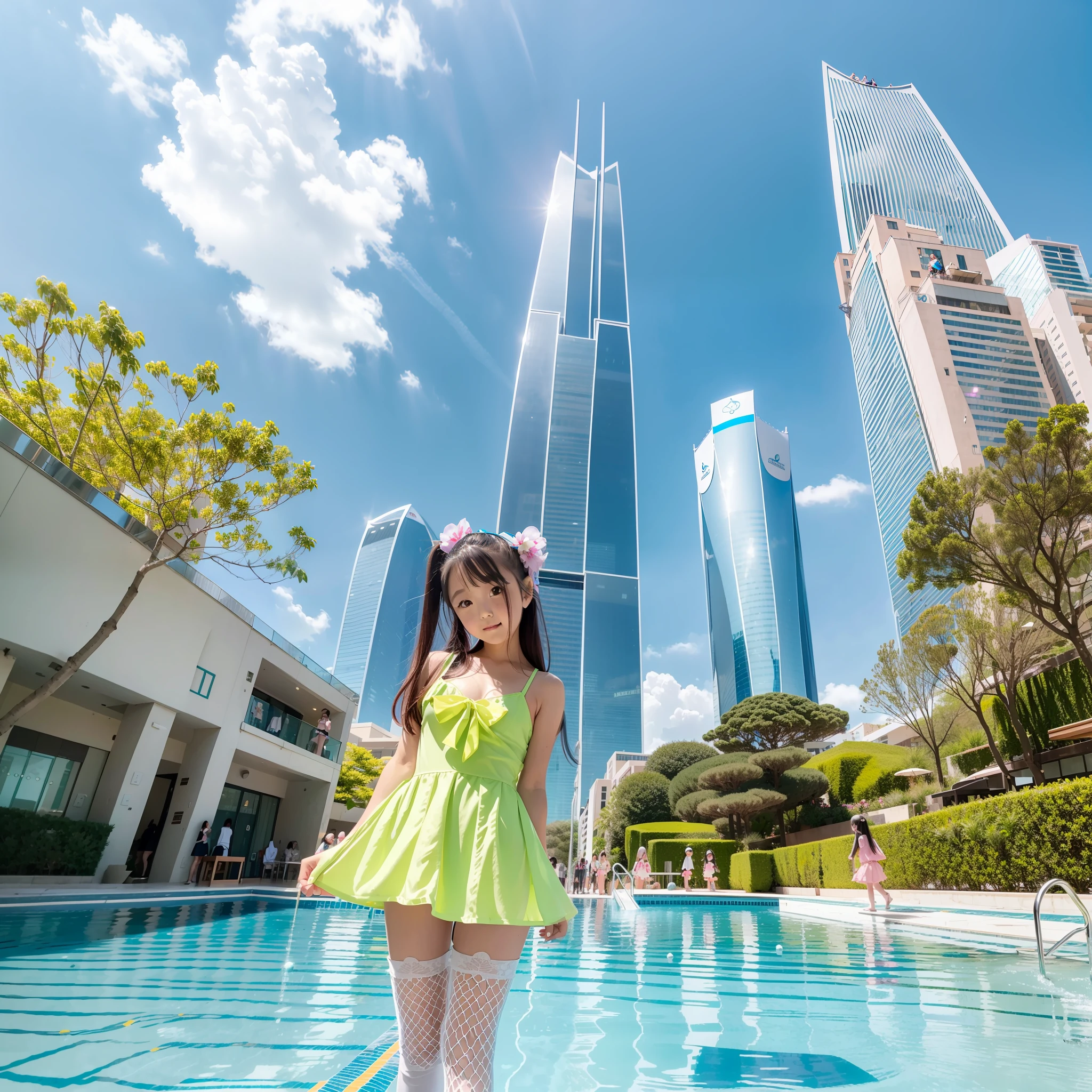 The 180-story infinity swimming pool of the tallest building in the city's Senli，Sports Center，bonsai，green trees，tulips，There were five little girls wearing openwork translucent stockings，Pouting and smiling，is shy，Pout，Pink, gold, White, Blue, Five colors, Two-tailed hair and cyan eyes，Anime little girl in servant costume