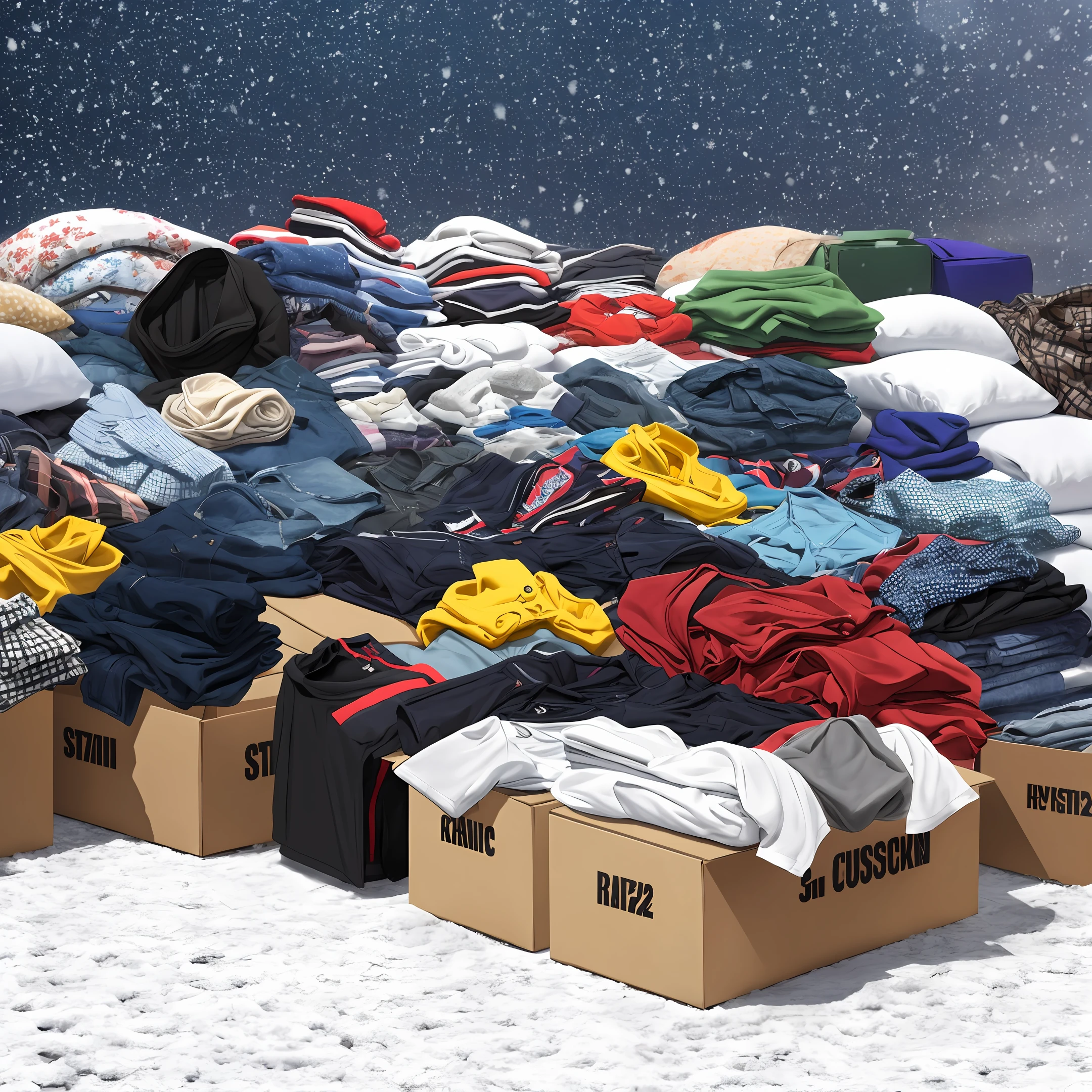 Clothes crammed into boxes, overflowing out, countless shirts, pants and outerwear, snowstorm background, full HD, 3D, 4K, ultra realistic, ultra detailed, hyper realism, hyper perfectionist. --auto --s2