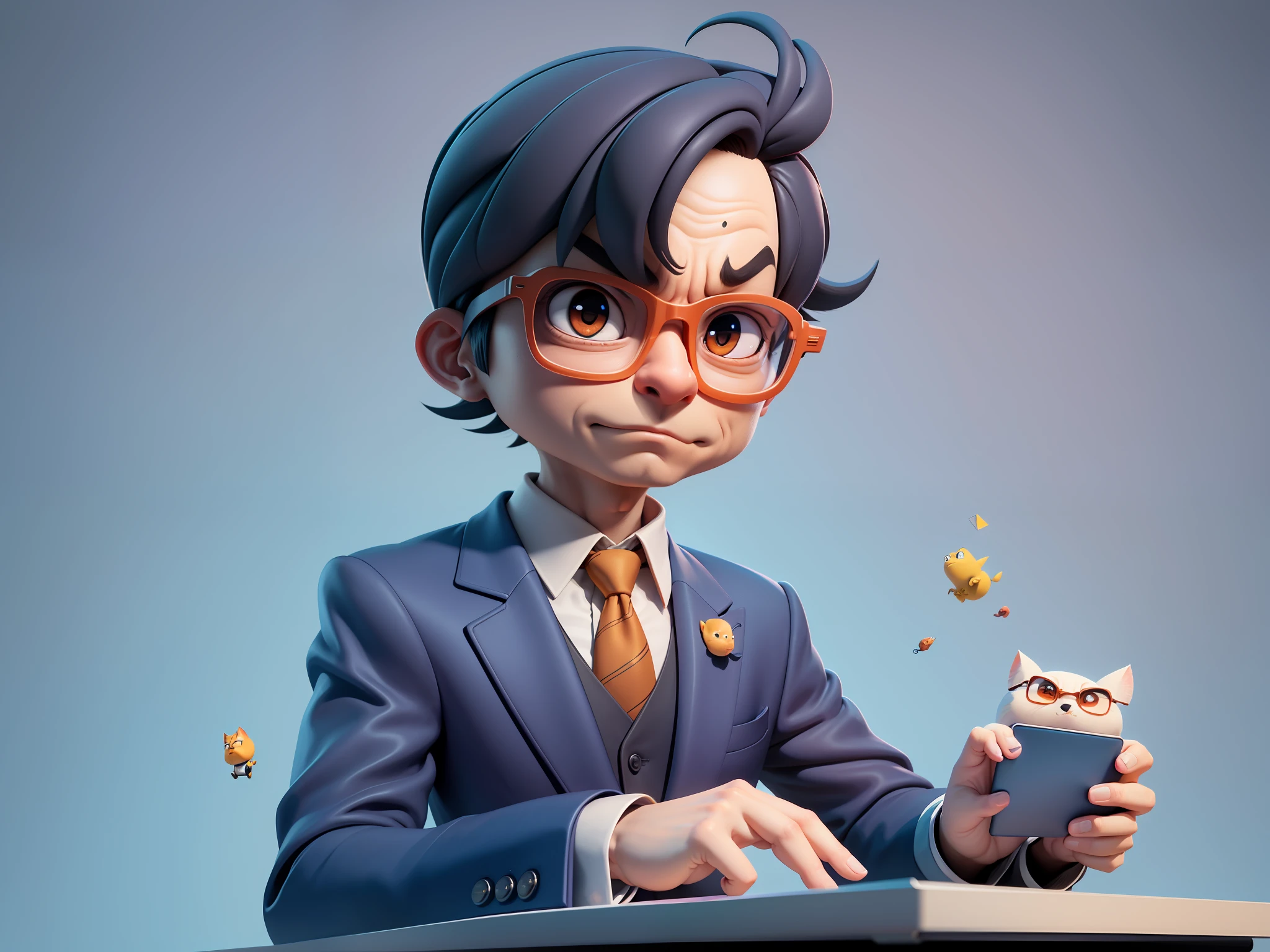 A young man in a suit, Short hair and glasses sat at his desk，holding laptop，digitial painting，tigre，3D character design by Mark Clairen and Pixar and Hayao Miyazaki and Akira Toriyama，4K HD illustration，Very detailed facial features and cartoon-style visuals。