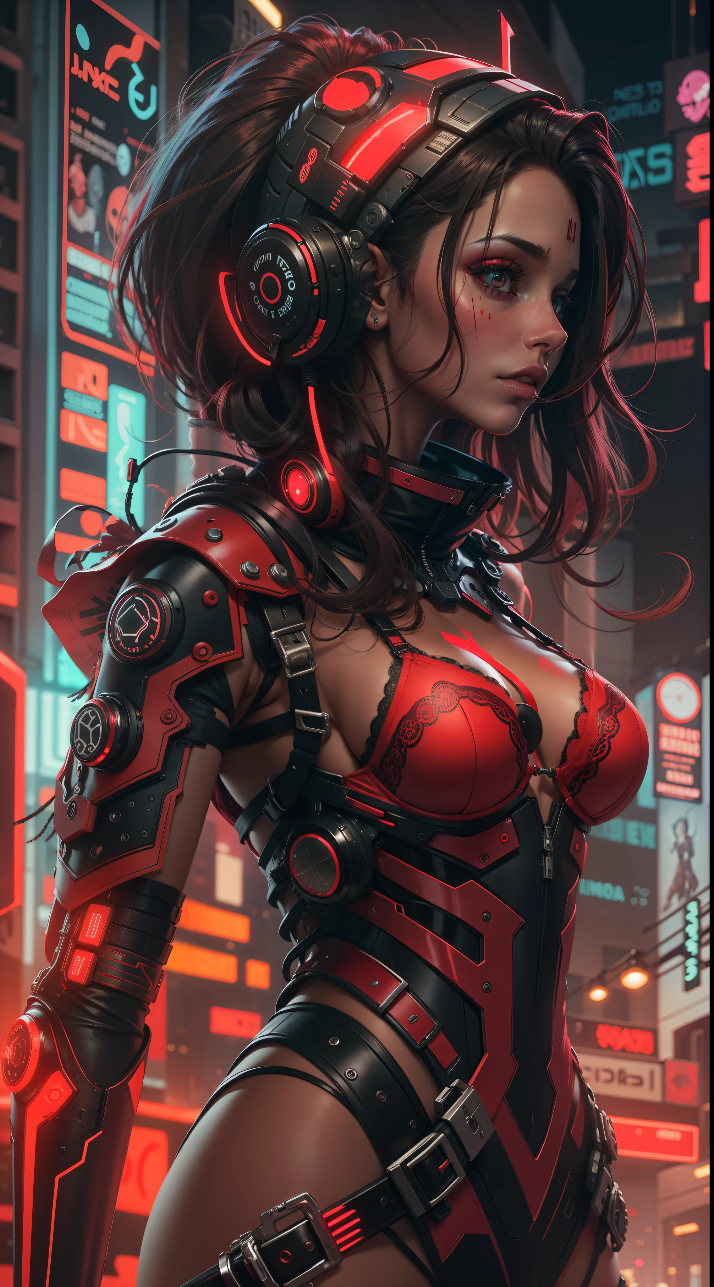 Uma ****** loira com capuz vermelho, Red lingerie and cyberpunk-style cybernetic prosthetics in a neon city