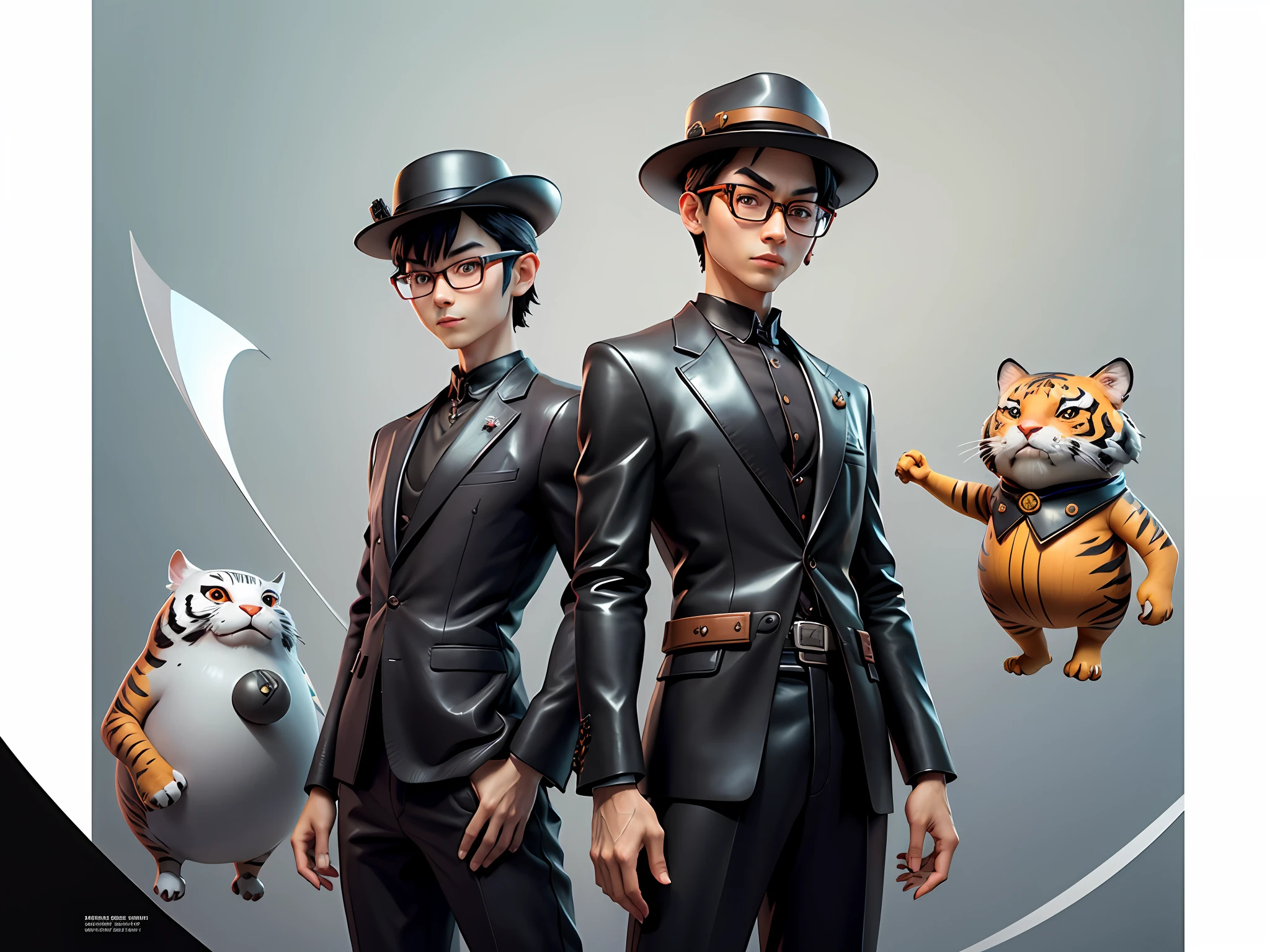 Young man with oriental face in leather hat, tiger, oriental face in formal suit, short black hair, silver glasses, digital painting, 3D character design by Mark Clairedon and Pixar and Hayao Miyazaki and Akira Toriyama, the illustration is a high-definition illustration in 4K resolution with very detailed facial features and cartoon-style visuals.