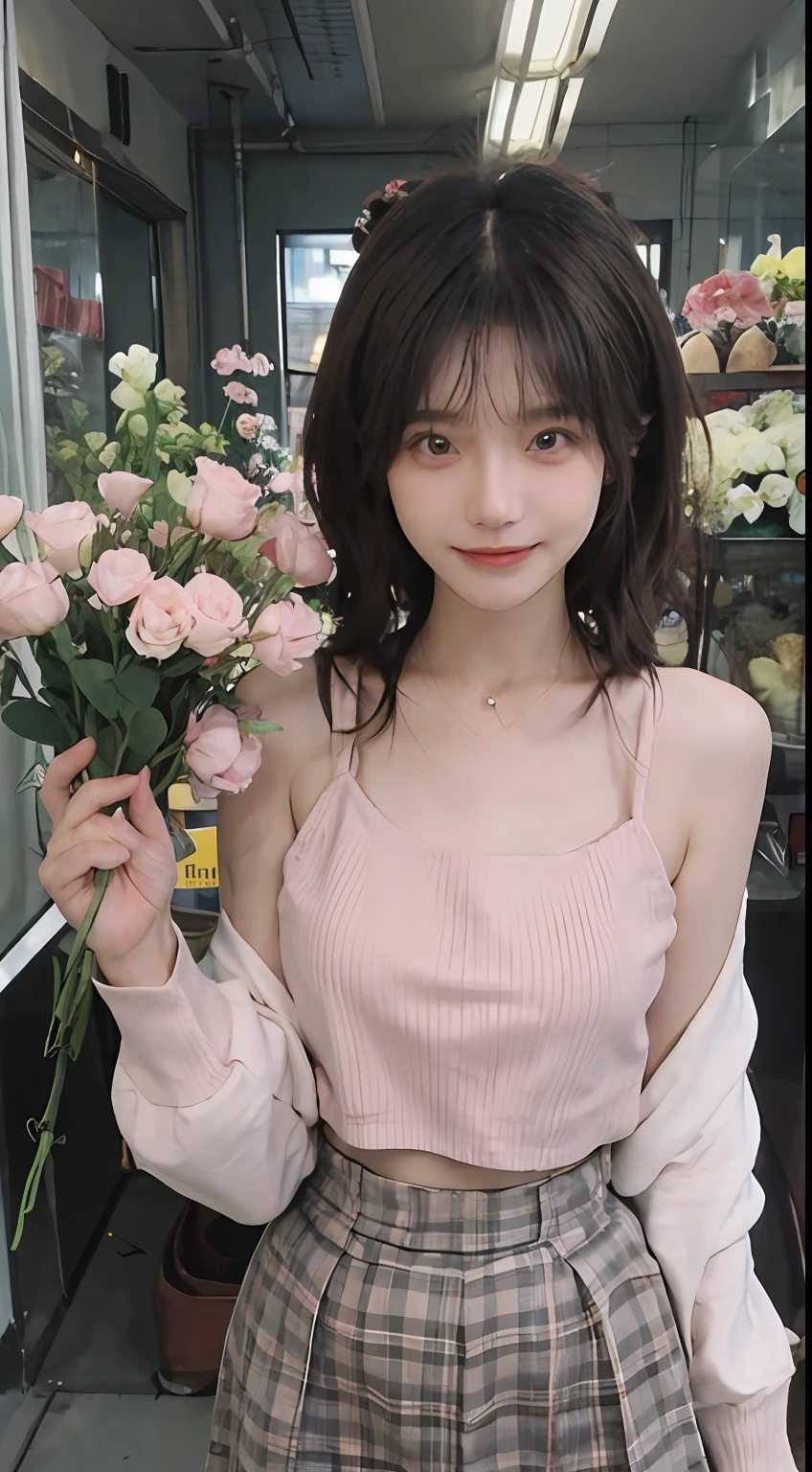 best qualtiy, 超高分辨率, (realisticlying:1.4),cute hairpin,Baoyu Girl,1girll, Beautiful woman with a slim figure:1.4, Abs:1.1, (A brown-haired, mideum breasts:1.3), Cropped pink sweatshirt:1.1, Flower shop,Ultra-fine face,Elaborate Eyes,二重まぶた,ssmile,choker necklace