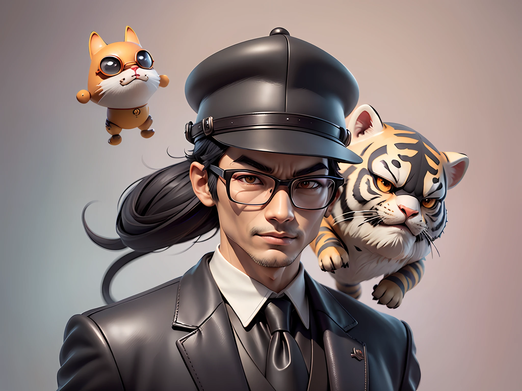 Young man with oriental face in leather hat, tiger, oriental face in formal suit, short black hair, silver glasses, digital painting, 3D character design by Mark Clairedon and Pixar and Hayao Miyazaki and Akira Toriyama, the illustration is a high-definition illustration in 4K resolution with very detailed facial features and cartoon-style visuals.