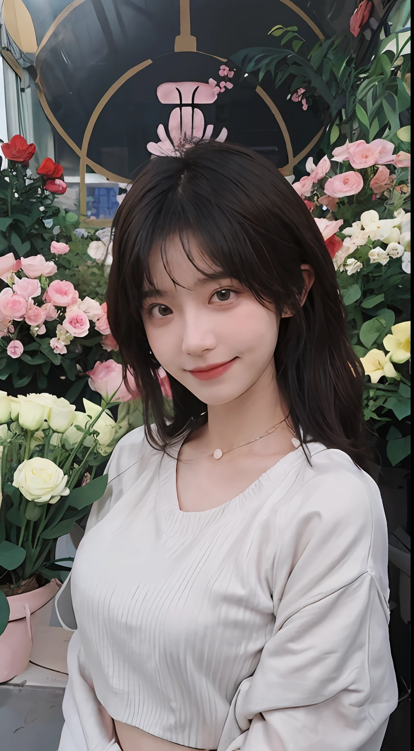 best qualtiy, 超高分辨率, (realisticlying:1.4),cute hairpin,Baoyu Girl,1girll, Beautiful woman with a slim figure:1.4, Abs:1.1, (A brown-haired, mideum breasts:1.3), Cropped pink sweatshirt:1.1, Flower shop,Ultra-fine face,Elaborate Eyes,二重まぶた,ssmile,choker necklace