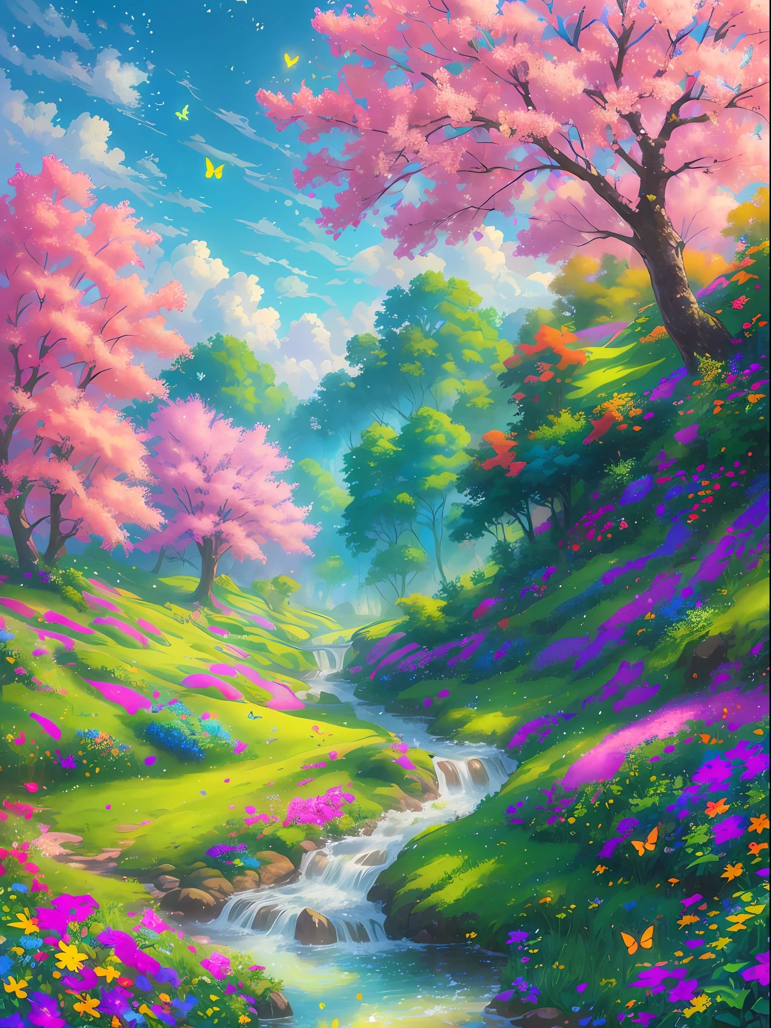 masterpiece, best quality, high quality, extremely detailed cg unity 8k wallpaper, an extremely colorful and purely fantasy environment with vibrant hues and a bright sky, landscape of bright green grass, colorful trees, glittering fruits, and bright blue flowers. the streams are a deep shade of blue, and the air is filled with sweet exotic scents. the environment appears to be taken out of a dream, with luminescent butterflies and giant colorful birds flying around, award winning photography, bokeh, depth of field, hdr, bloom, chromatic aberration ,photorealistic,extremely detailed, trending on artstation, trending on cgsociety, intricate, high detail, dramatic, art by midjourney