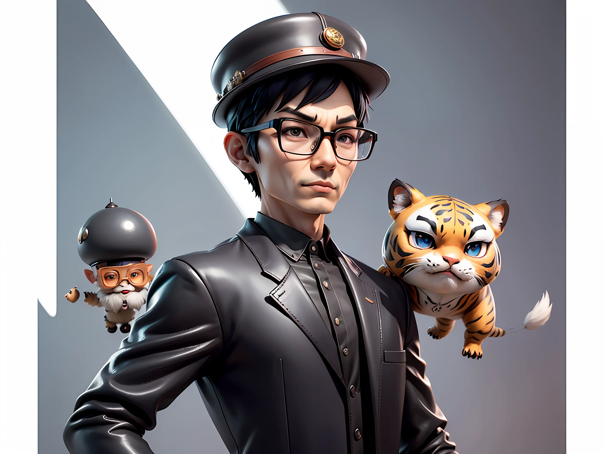 Young man with oriental face in leather hat, tiger, oriental face in formal suit, short black hair, silver glasses, digital painting, 3D character design by Mark Clairedon and Pixar and Hayao Miyazaki and Akira Toriyama, the illustration is a high-definition illustration in 4K resolution with very detailed facial features and cartoon-style visuals.