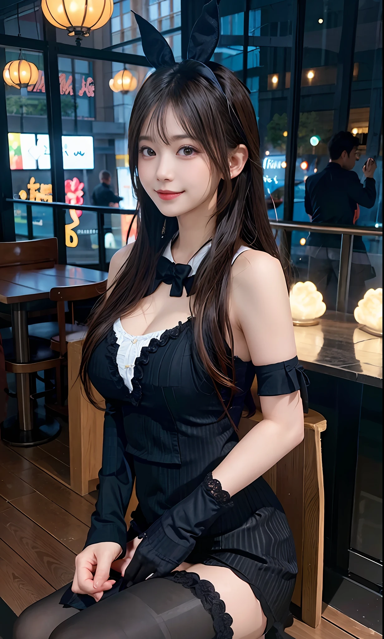 (RAW Photography:1.2)、top-quality、a beautiful detailed girl、bunnygirl、frombelow、Twin-tailed、a blond、a smile、extremely detailed eye and face、beatiful detailed eyes、huge filesize、hight resolution、8k wallpaper、finely detail、Highly detailed ticker uniform、8k wallpaper、Light on the face、电影灯光、16-year-old girl、sexy  pose、(photorealisim:1.4)、illustratio、super detailing、​masterpiece、a playboy bunny、fishnets pantyhose、sitting on