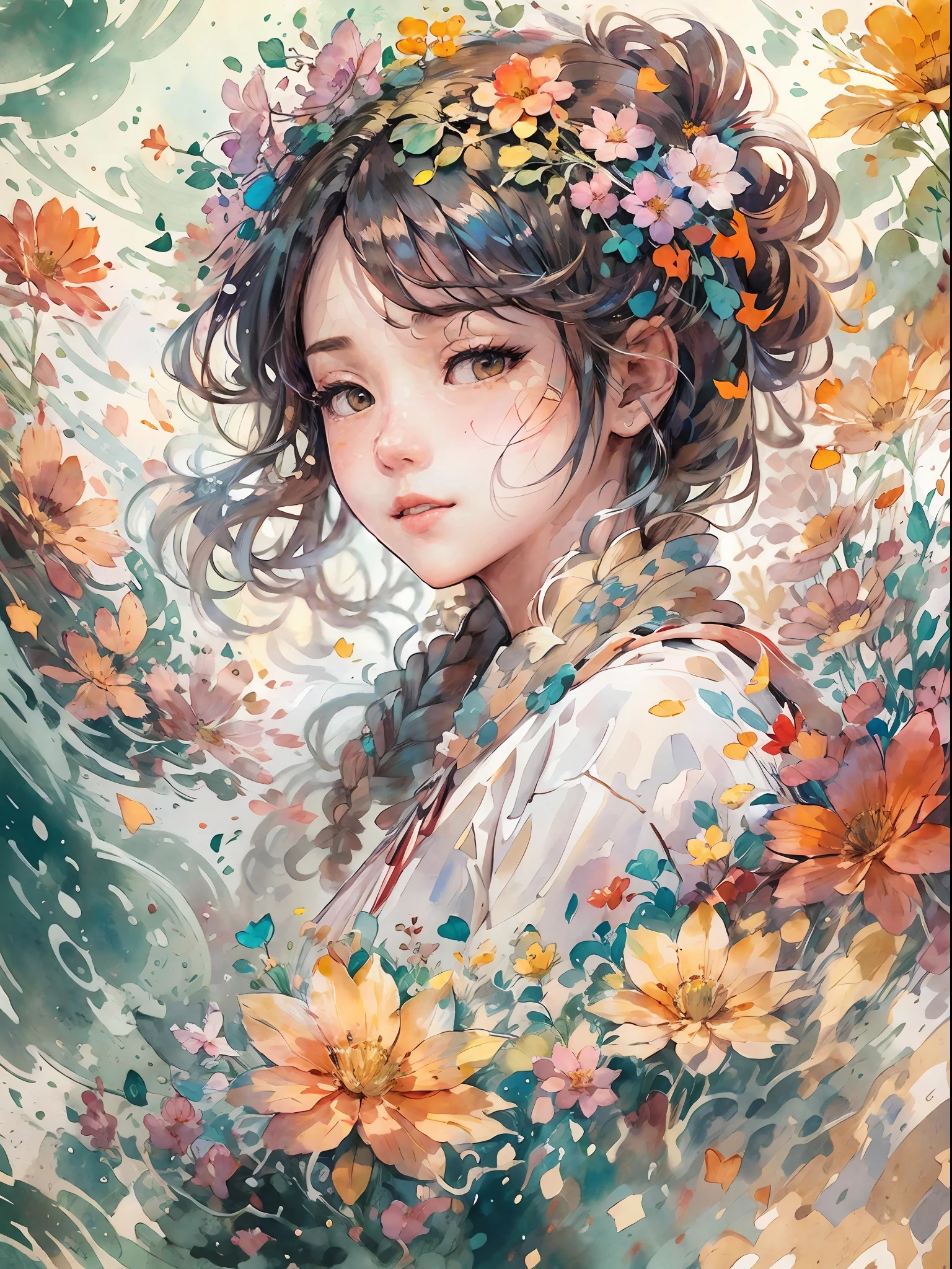 (masutepiece),best quality,Illustration,Art Nouveau,Sumi-e,Portrait,onry_1girl_Face,(White background:1.4),(the Extremely Detailed CG Unity 8K Wallpapers:1.1),(Colorful:0.8),,(Solo:1.2), (Ink splashing),(splashes of colour),((watercolor paiting)),flowers background,Outdoors,boulders,Soft smile,pure,(beautiful),Detailed and complex pattern,colorwater,(Face Focus),Looking at Viewer