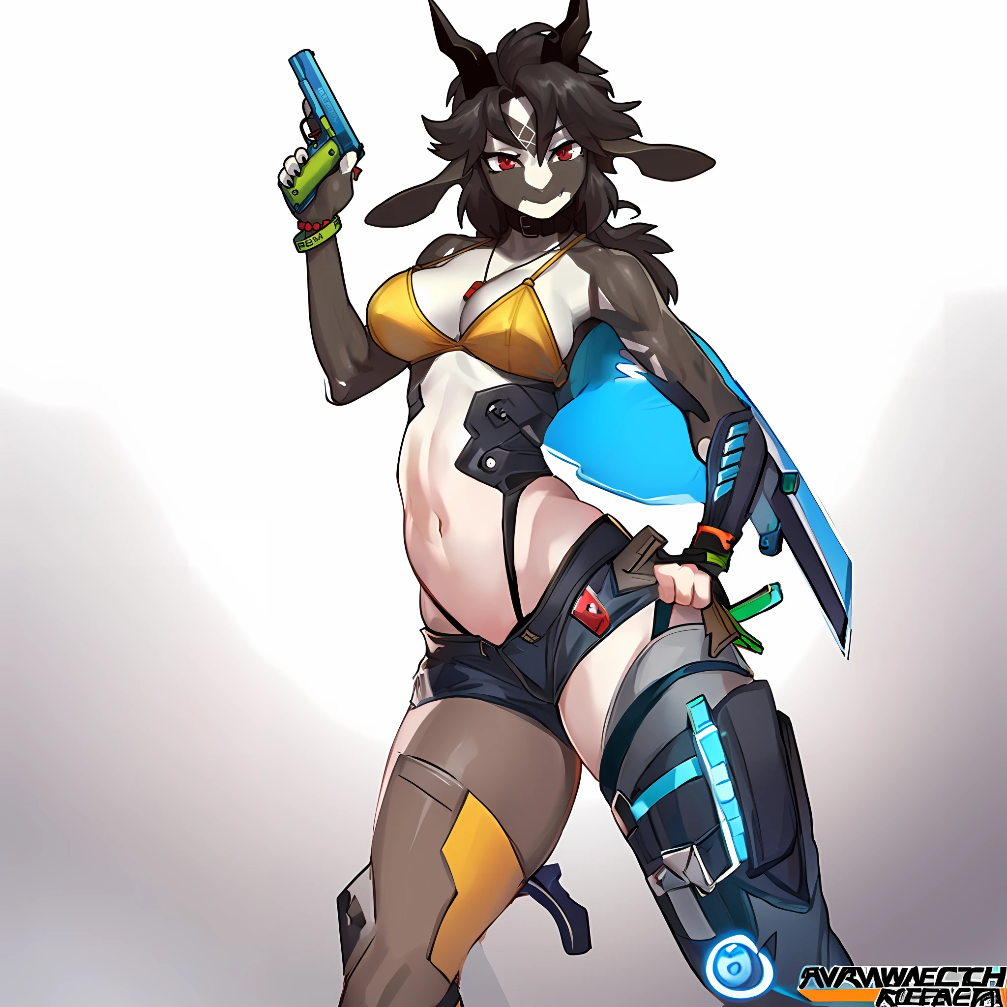 a close up of a woman in a bikini holding a gun, from overwatch, as an overwatch character, overwatch tracer in a bikini, katana zero video game character, female anthropomorphic wolf, as overwatch character, echo from overwatch, kemono, badass pose, official character art, senna from league of legends, official art, mika kurai demon