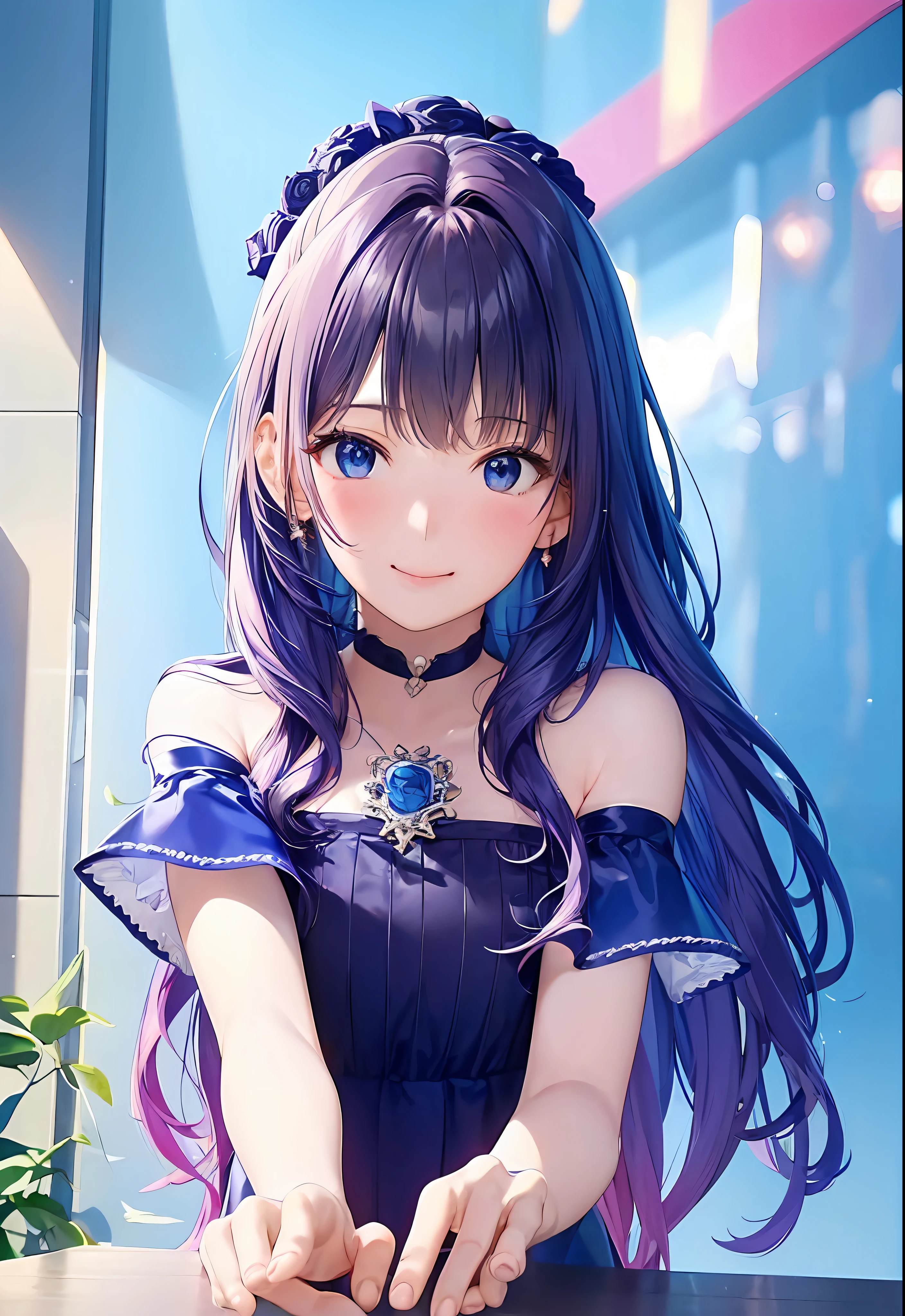 (8K、top-quality、​masterpiece:1.2)、(realisitic、Photorealsitic:1.37)、ultra-detailliert、女の子 1 人、cute little、独奏、mid night、Beautiful detailed sky、Detailed Cafe、sitting on、date、(Nasal blush)、 (Smile:1.15)、(Keep your mouth shut)small tits、Beautiful fine eyes、Floating Hair NovaFrogStyle、Dress with open back、Blue Rose Accessories、Blue roses background、Pink dress