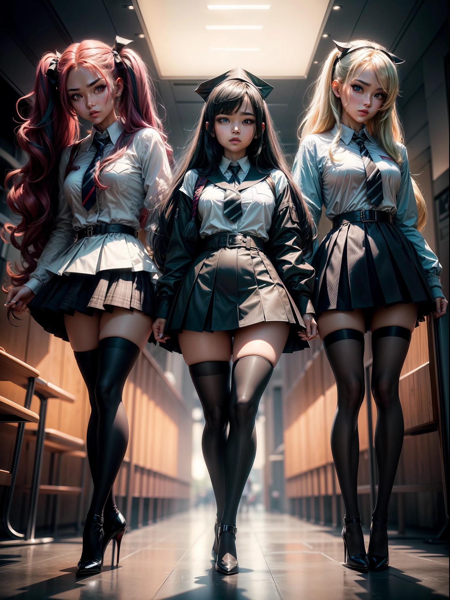 Splitting characters is prohibited，(Full body shot:1.3), Must show your face, anatomy correct, high-heels,Over-the-knee socks are mandatory, Colorful JK student uniforms，Complex and diverse backgrounds，Strangling effect, Heavy makeup, A shallow laugh, hyper HD, Ray traching, structurally correct, Award-Awarded, high detal, lightand shade contrast, Face lighting，cinmatic lighting, tmasterpiece, super detailing, high high quality, high detal, best qualityer, 16k