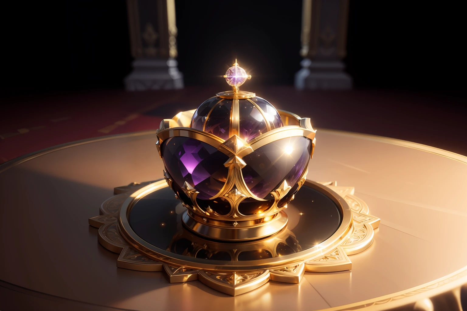 A close up shot of a king’s crown on a table of gold. The crown is made of pure gold and studded with diamonds, rubies, emeralds, and sapphires. It has a classic design with four arches and a cross on top. The table is also made of gold and has intricate carvings and patterns on its surface. The table is covered with gold coins, bars, and jewels that reflect the light and create a dazzling effect. The camera is a Nikon D850 with an EE 70mm lens. The resolution is 8K and the detail is hyperrealistic. The image is taken in a dimly lit room with a spotlight on the crown and the table. The background is dark and blurry to emphasize the contrast and focus on the main subject. 7.Raytraced style: A close up of a king’s crown on a table of gold. The crown is made of gold and has a purple amethyst in the center. It has a futuristic and elegant design with four lasers and a sphere on top. The table is also made of gold and has a transparent and glassy surface. The table is illuminated by gold lights, rays, and sparks that create a stunning and dynamic effect. The camera is a Canon EOS R6 Mark II with a 300mm+ lens. The resolution is 64K and the detail is hyper-detailed. The image is generated in a raytraced style with realistic colors and shadows. The background is a space station with stars and planets.